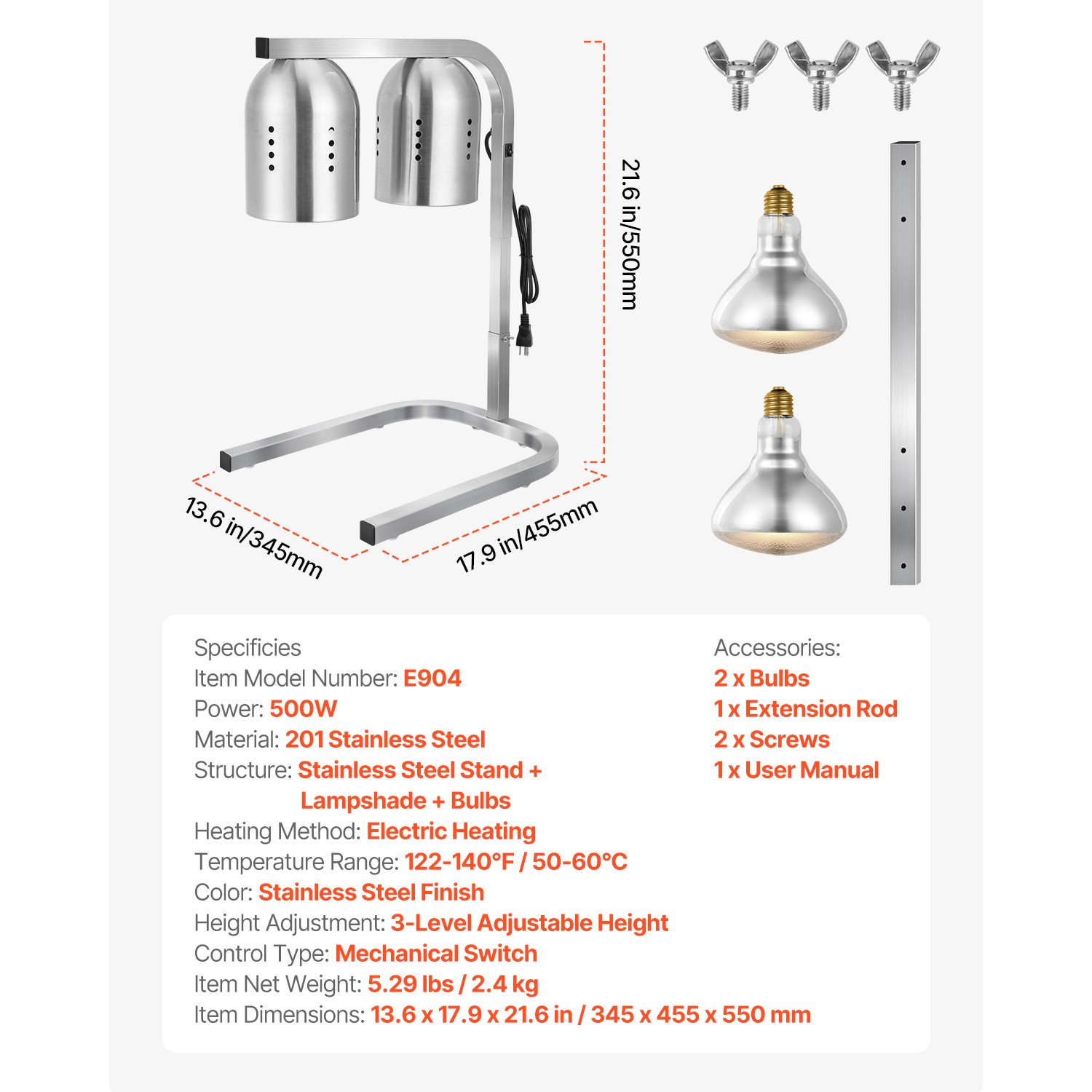 Uimoso Food Warming Lamp with 500W Bulbs for Kitchen, Buffet, and Restaurant Use