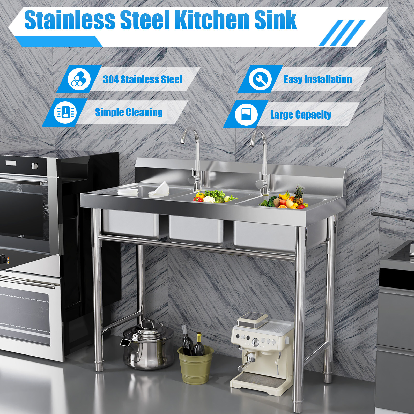 Commercial Sink Stainless Steel 3 Compartment Kitchen Utility Sink With Faucet