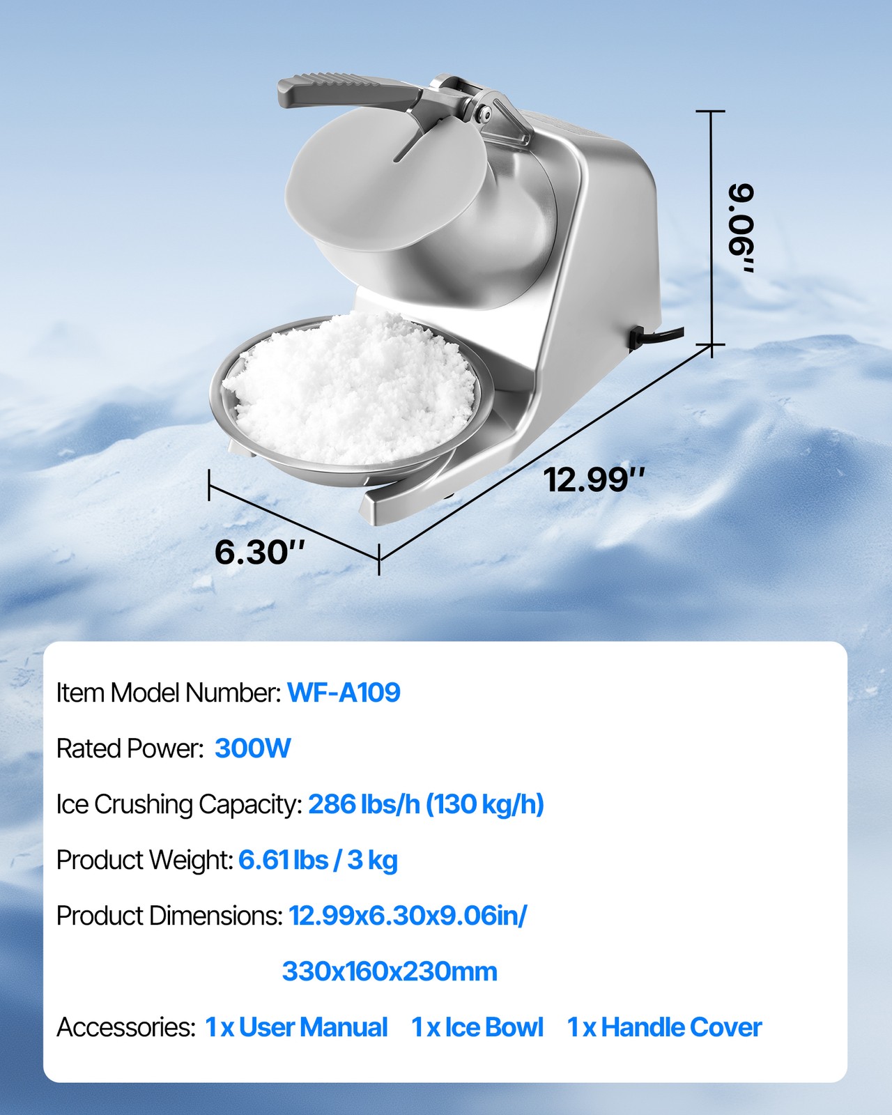 VEVOR Commercial Ice Crusher 286LBS/H Electric Snow Cone Maker Shaved Ice Silver