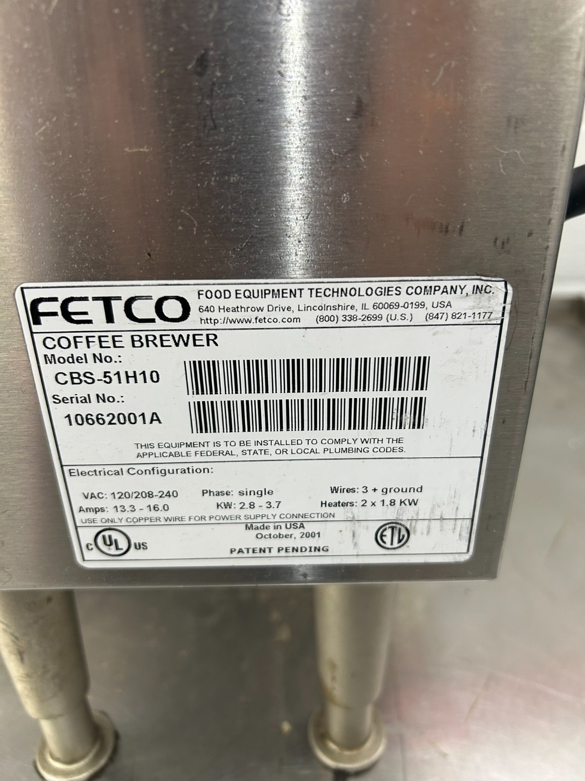 Fetco CBS-51H10 Single 1.0 Gallon Coffee Brewer Fully Refurbished Tested Works