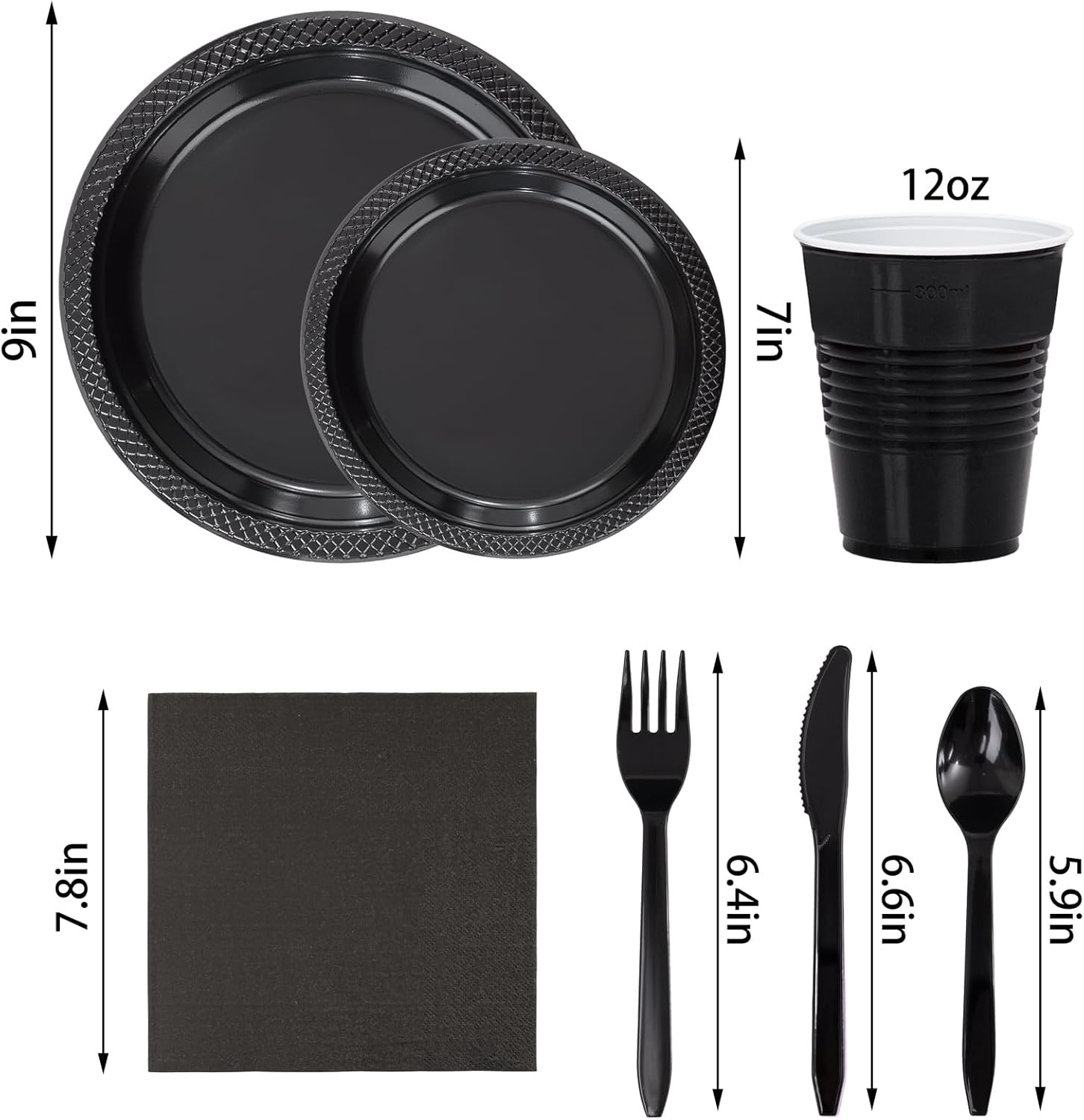 210 PCS Black Plastic Plates for 30 Guests – Disposable Dinnerware Set Including