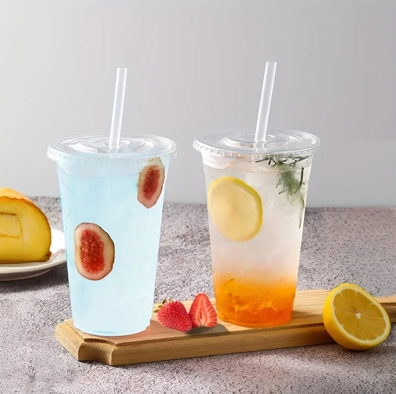 50pcs Disposable Plastic Cups with Lids 12oz/16oz for Cold Drinks – NEW