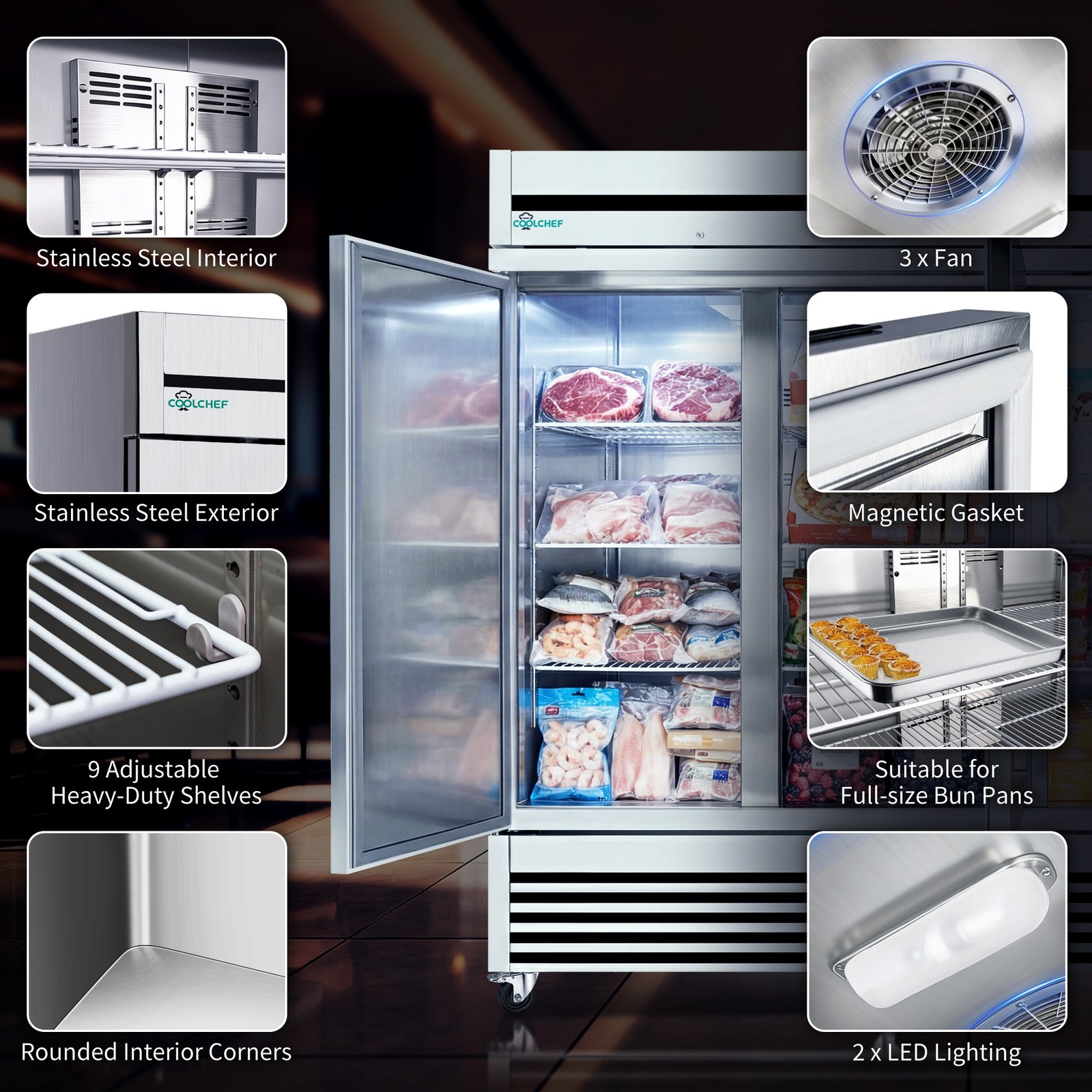 Commercial 81» Reach-In Freezer Upright Stainless Steel Solid 3 Doors 72 Cu.ft.