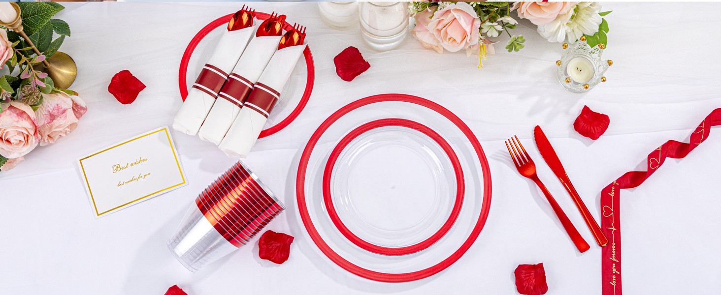 210 Pcs Red Plates Set,Clear and Red Plastic Plate Include 60 Plates,30 Cups,30