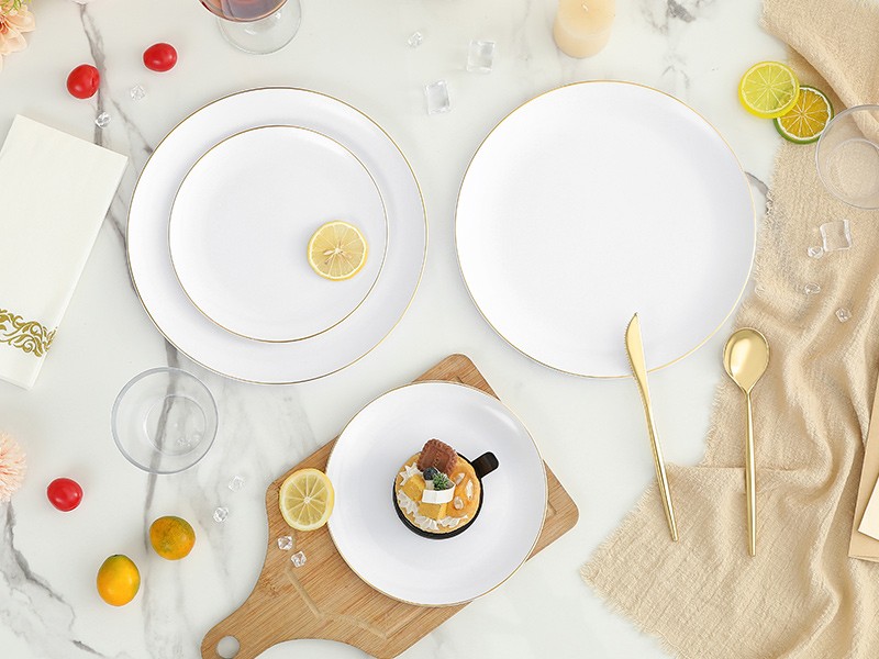 MirthMood 210Pcs Disposable Plastic Plates Set, Gold and White Plastic Party