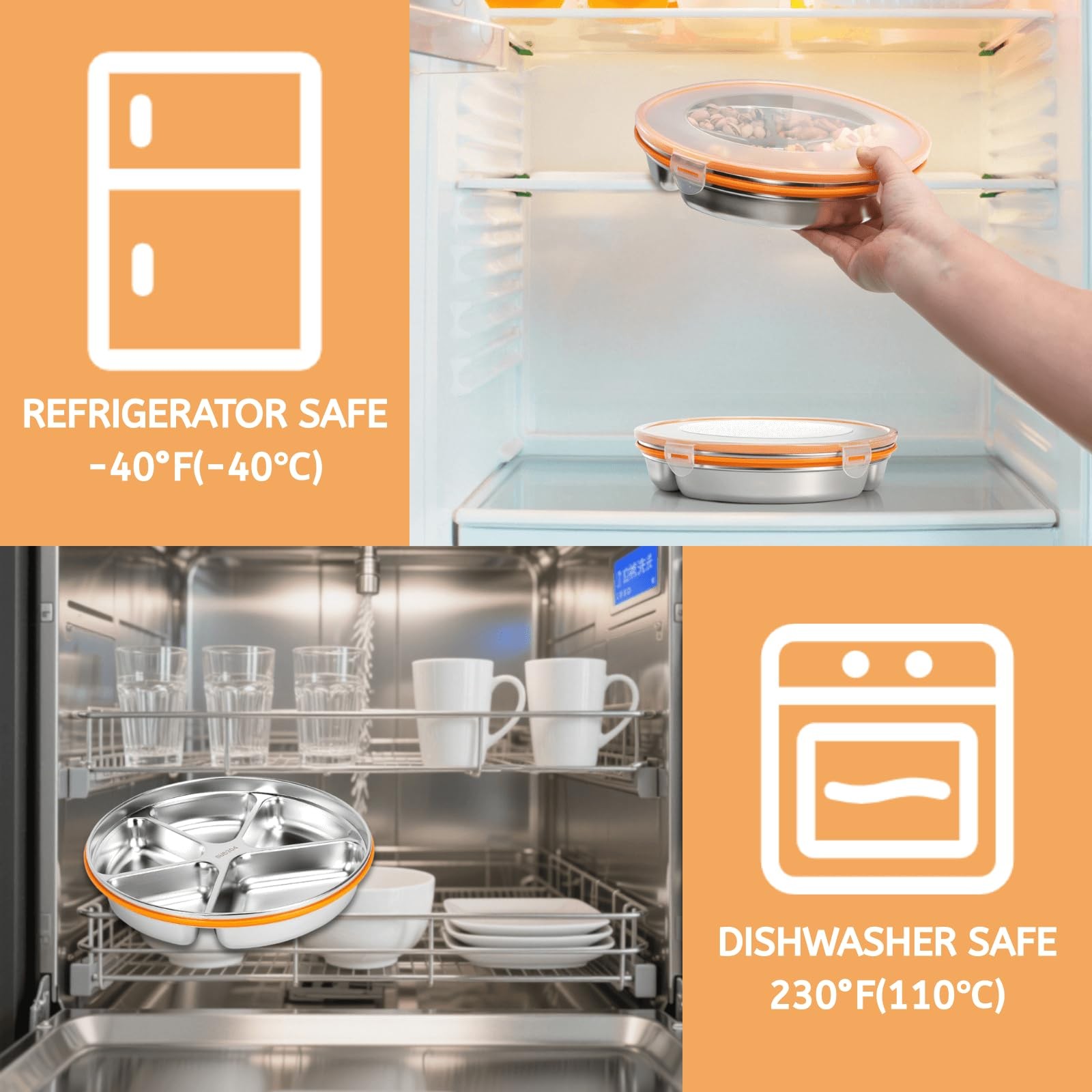 Youeon 2 Pack Stainless Steel Divided Serving Tray Lid 5 Compartments Round