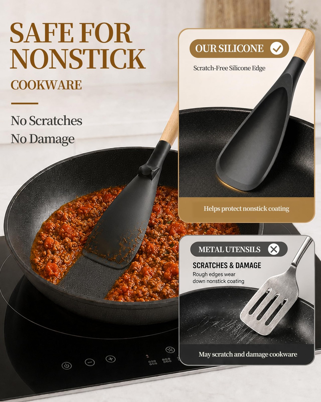 Astercook Cooking Spoon, Nonstick Safe Silicone 12.2 Inches, Black Grey