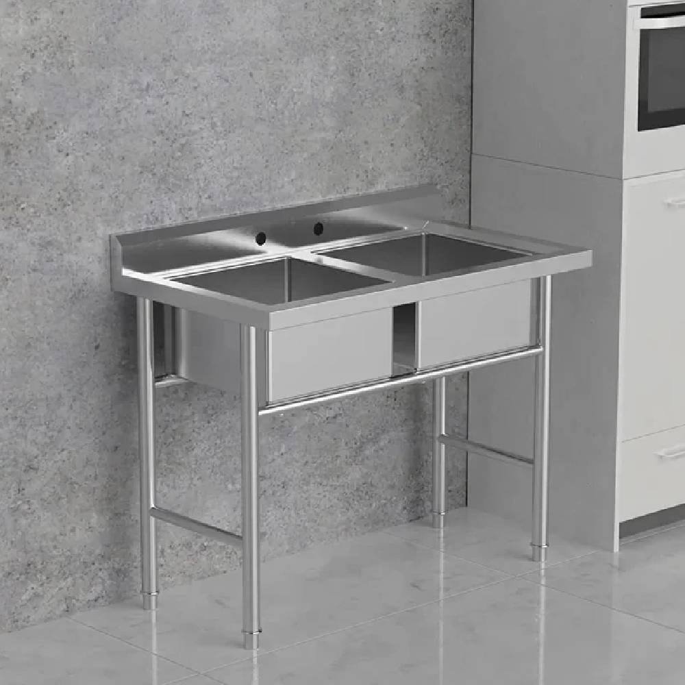 40″ H 304 Stainless Steel Kitchen Sink 2 Compartment Free Standing Utility Sink