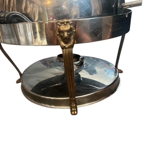 Vintage Silver Plated Steel Lion Head Round Chafer Chafing Dish Brass Legs