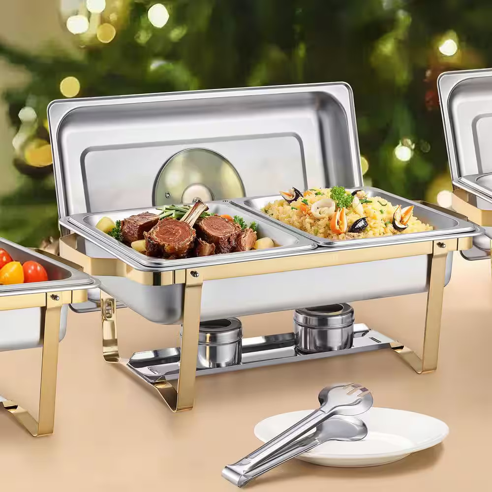 Chafing Dish Buffet Set, 4 Qt. Silver 2 Pack Stainless Steel with 4 Half Size Di