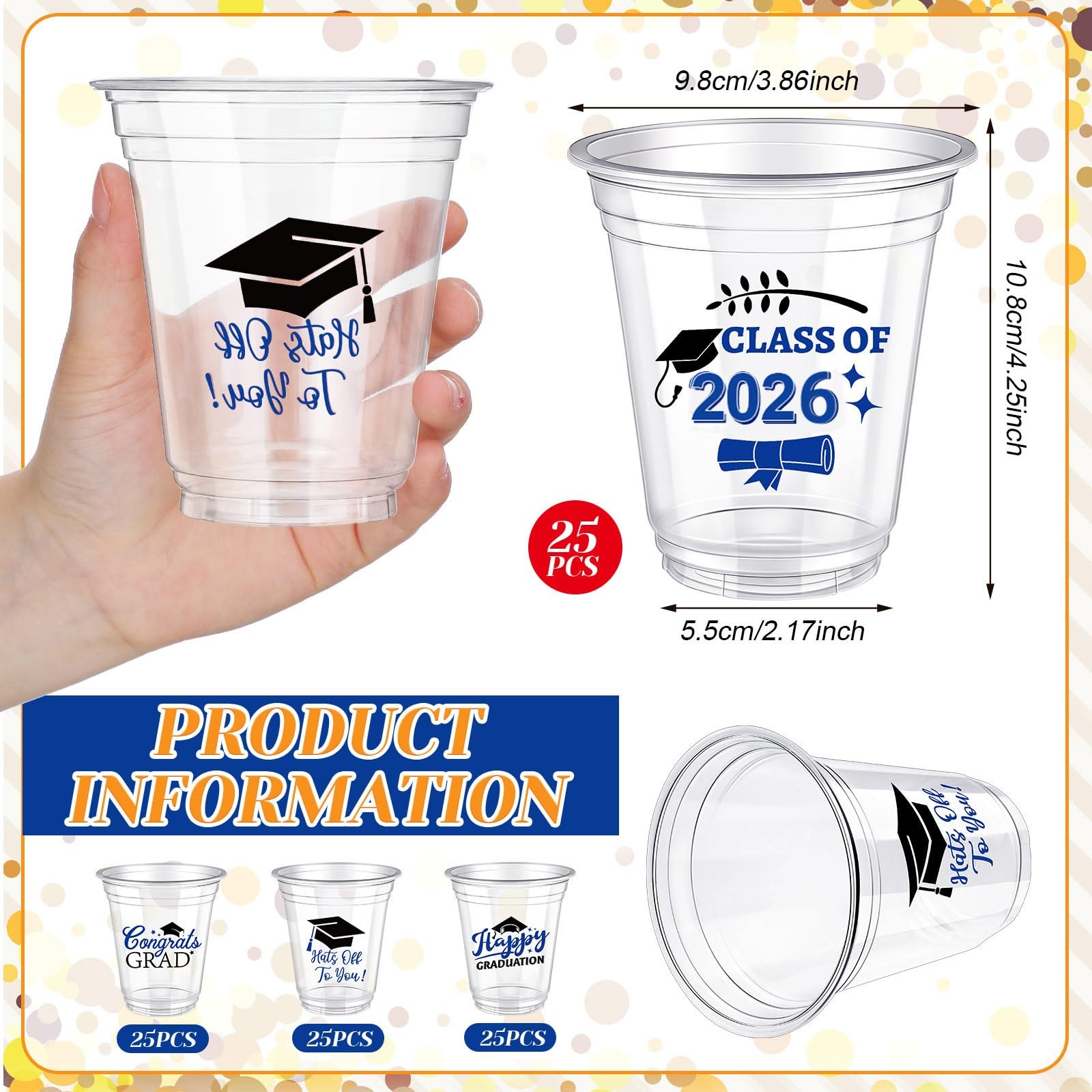 Graduation Cups 12oz 200 Pcs Class of 2026 Disposable Plastic for Party