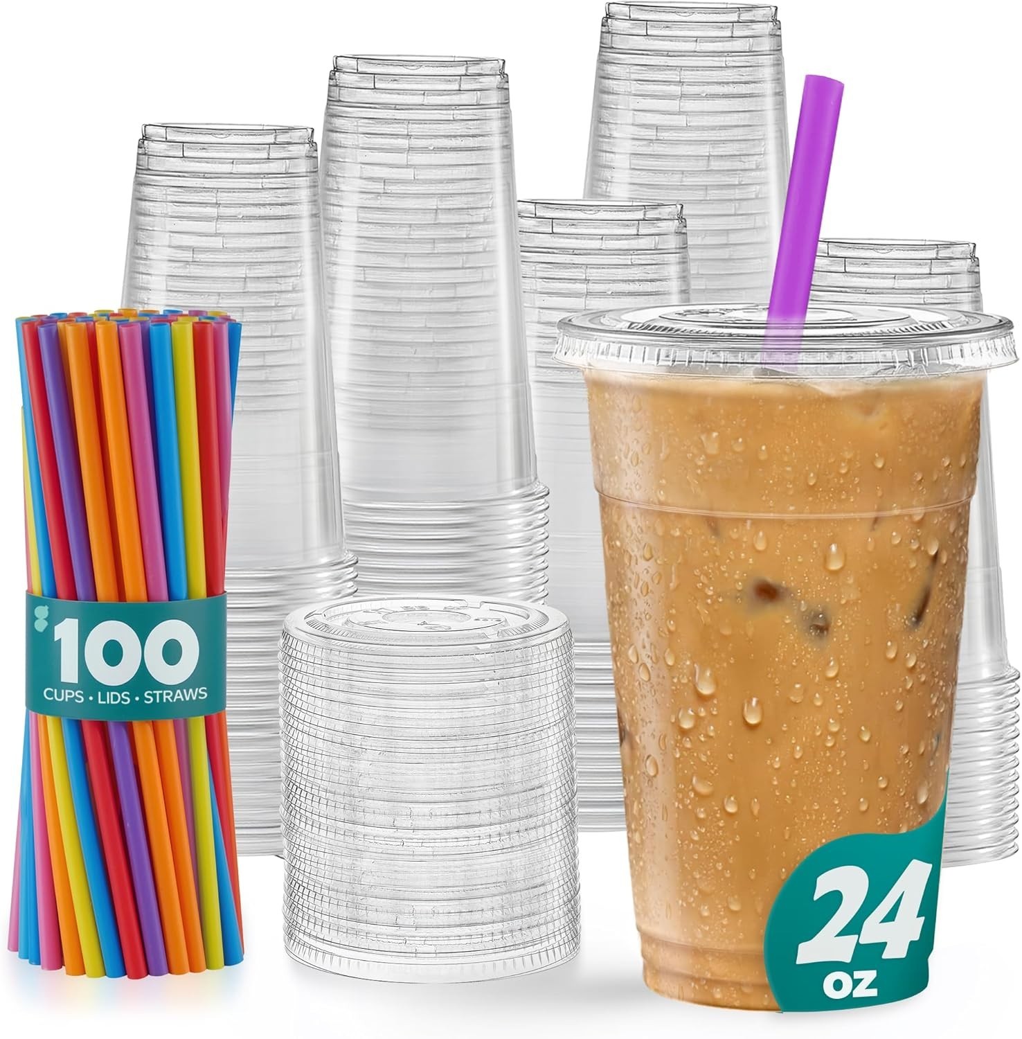 24 oz. – 100 Count Clear Cups with Flat Lids & Straws – Disposable Clear Drin…