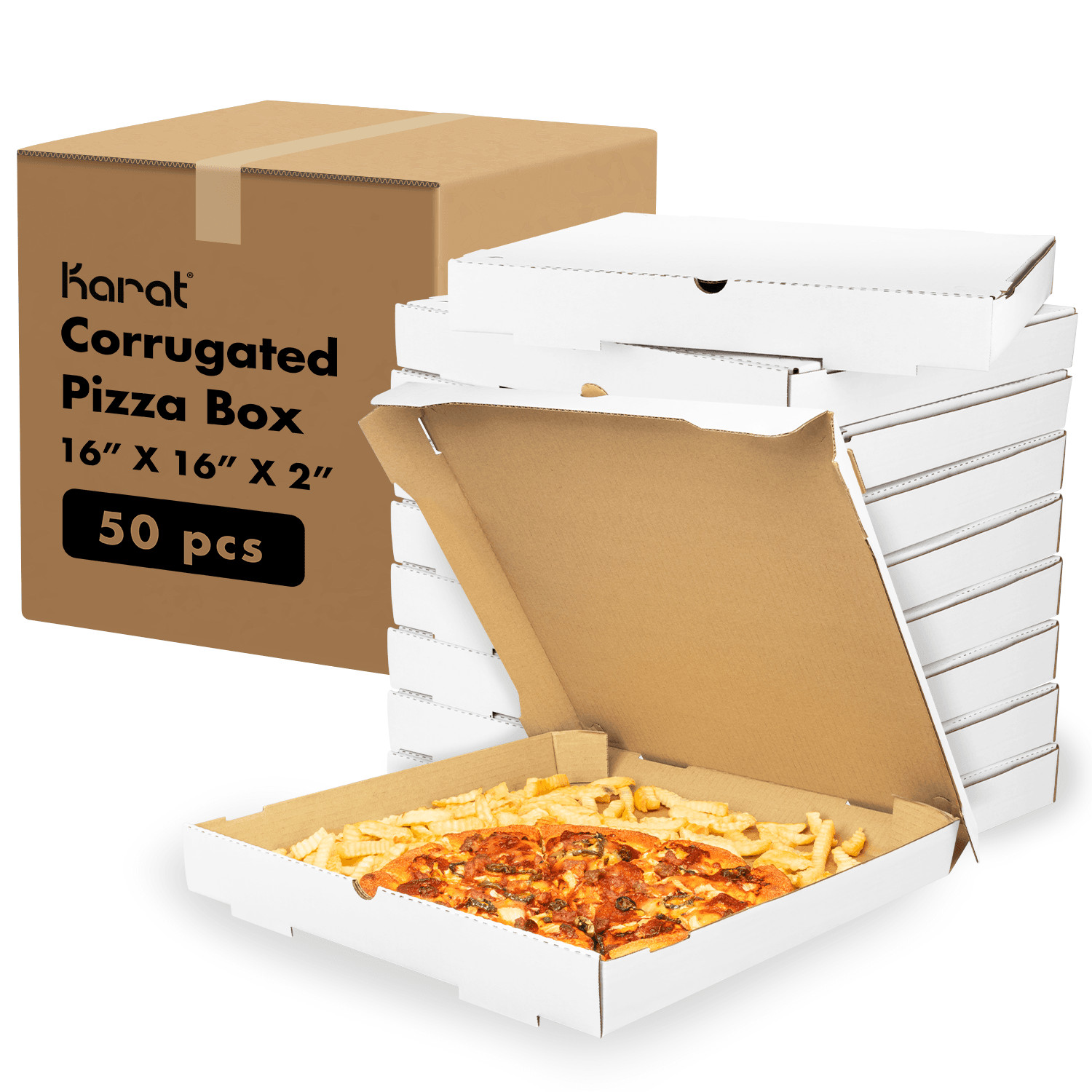 Karat Corrugated Pizza Box, 16»x16»x2», White – 50 pcs, FP-PBF16W