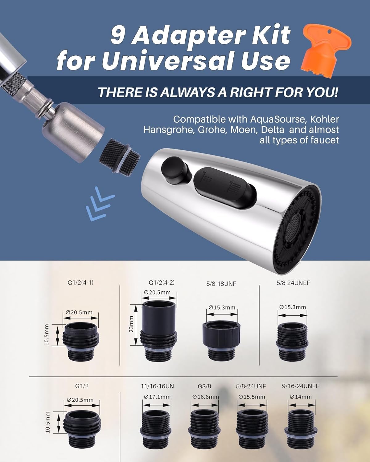 Kitchen Faucet Head Replacement:Stainless Steel Spray Head,3 Modes Pull Out