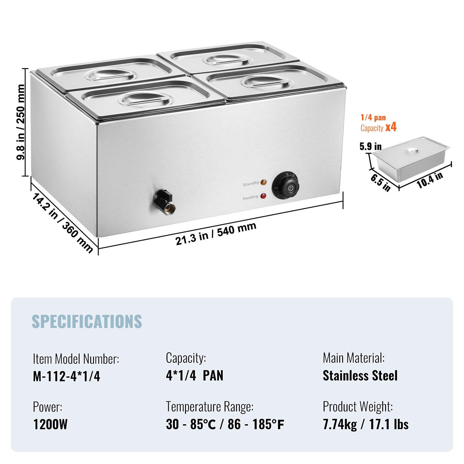 VEVOR Commercial Electric Food Warmer 4-Pan Countertop Buffet 15.9QT Bain Marie