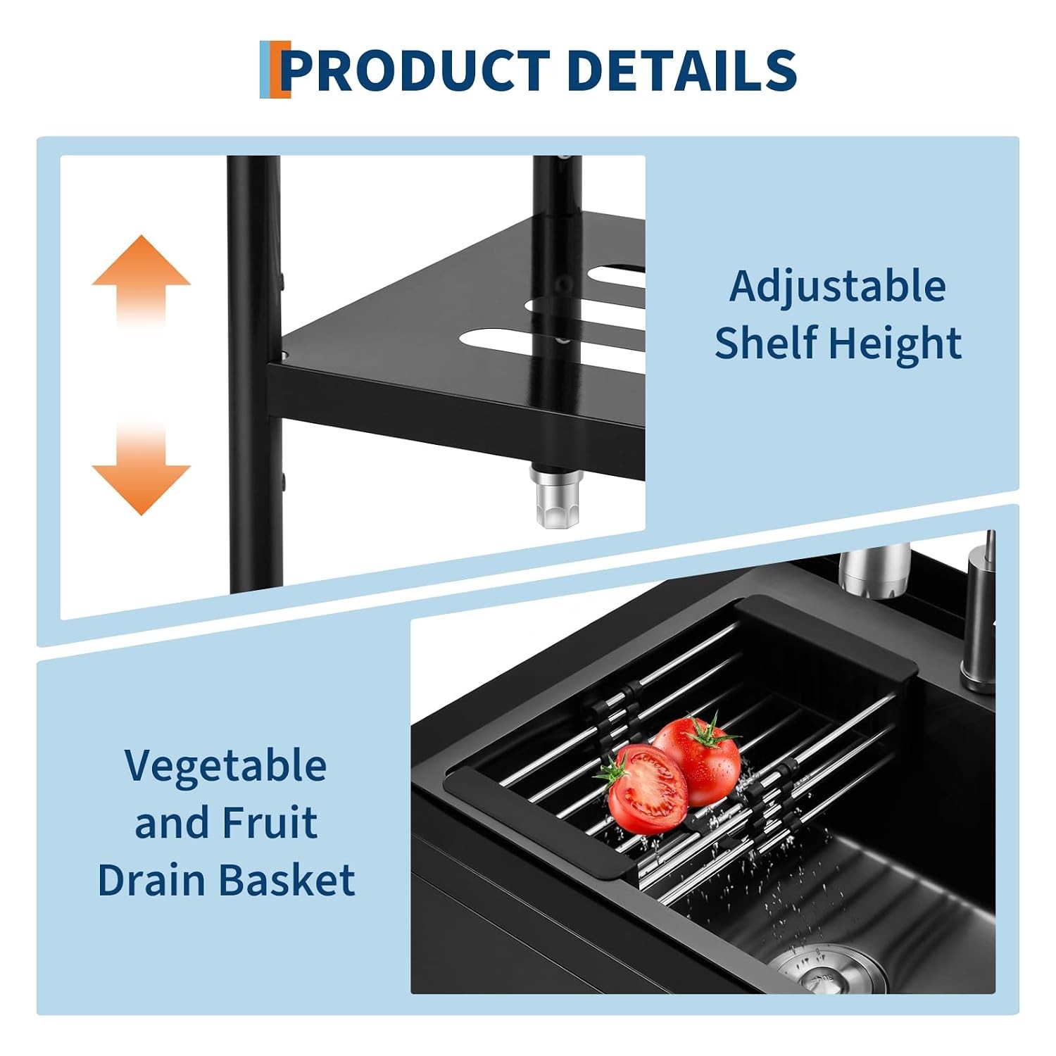 Black Adjustable Stainless Steel Utility Basin Single Bowl Freestanding w/Faucet