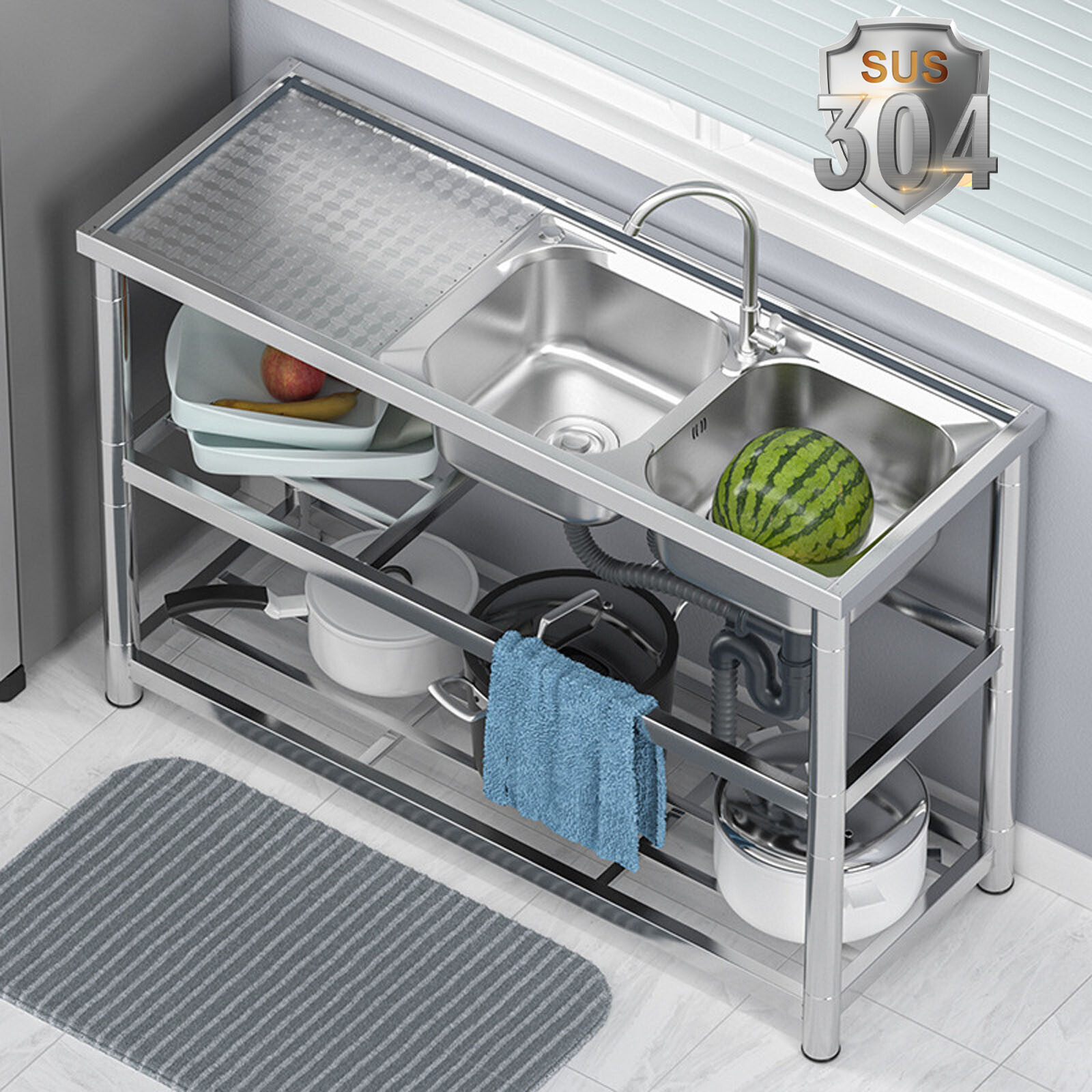 1/2/3 Compartment Kitchen Sink Prep Table Stainless Steel with Faucet Commercial