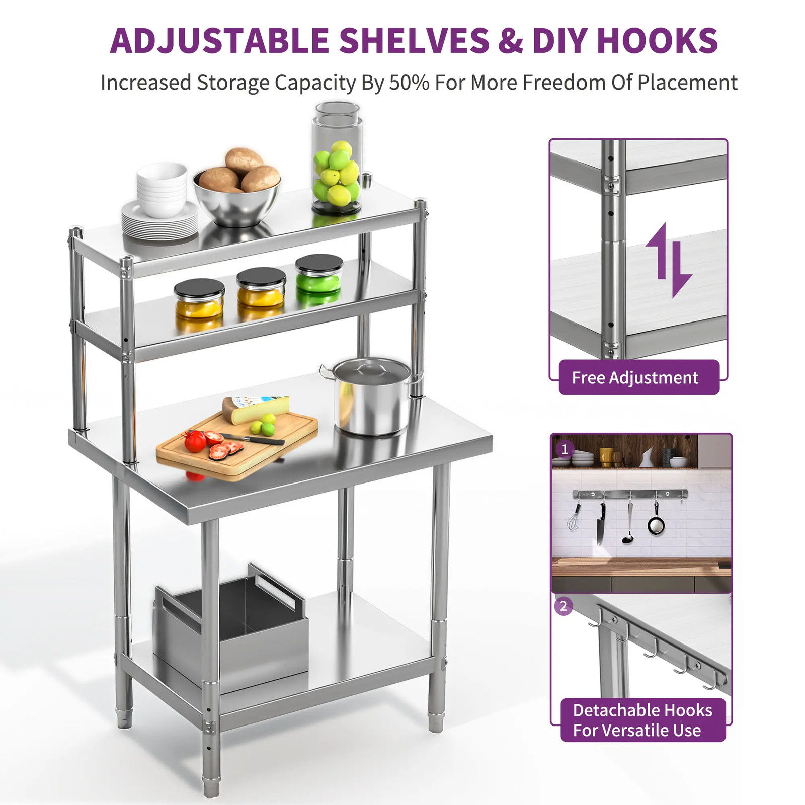 30″/36″/48″ Stainless Steel Table Work Table Metal Table Prep Table w/Overshelf