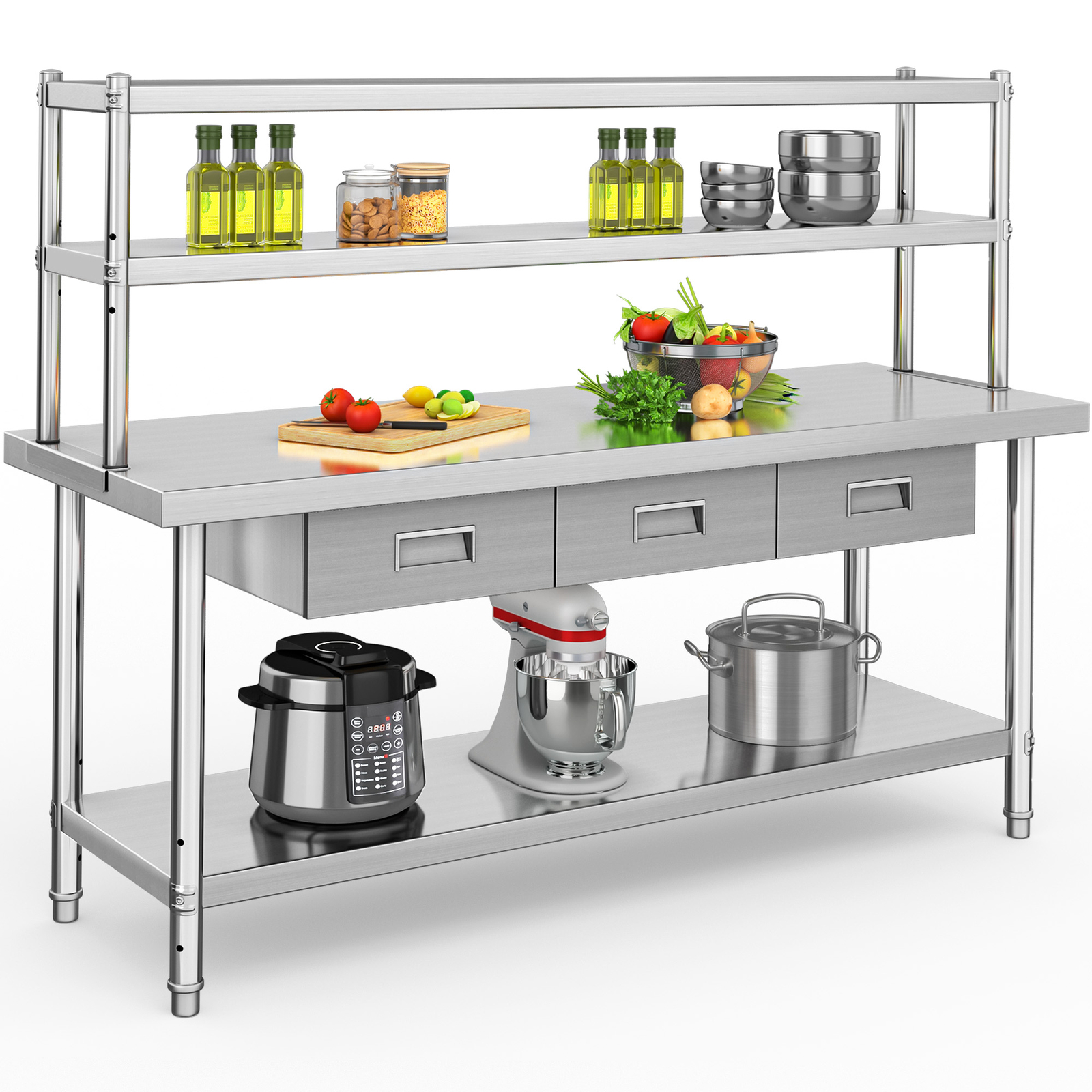 TAUS Stainless Steel Table 72″X24″ Work Prep Table with Overshelves & 3 Drawers