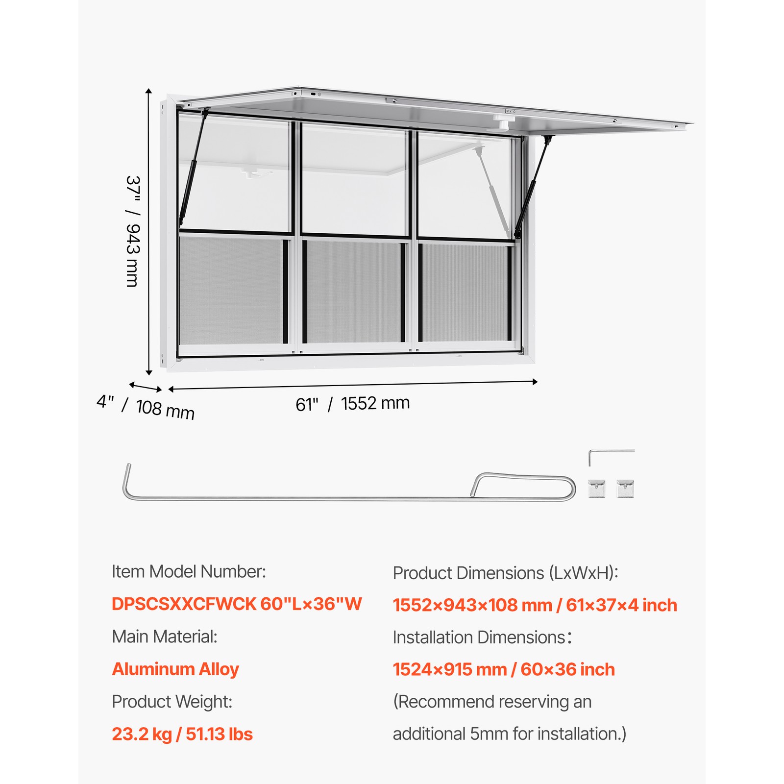 Uimoso 60x36in Concession Food Truck Serving Window with Aluminum Alloy Awning
