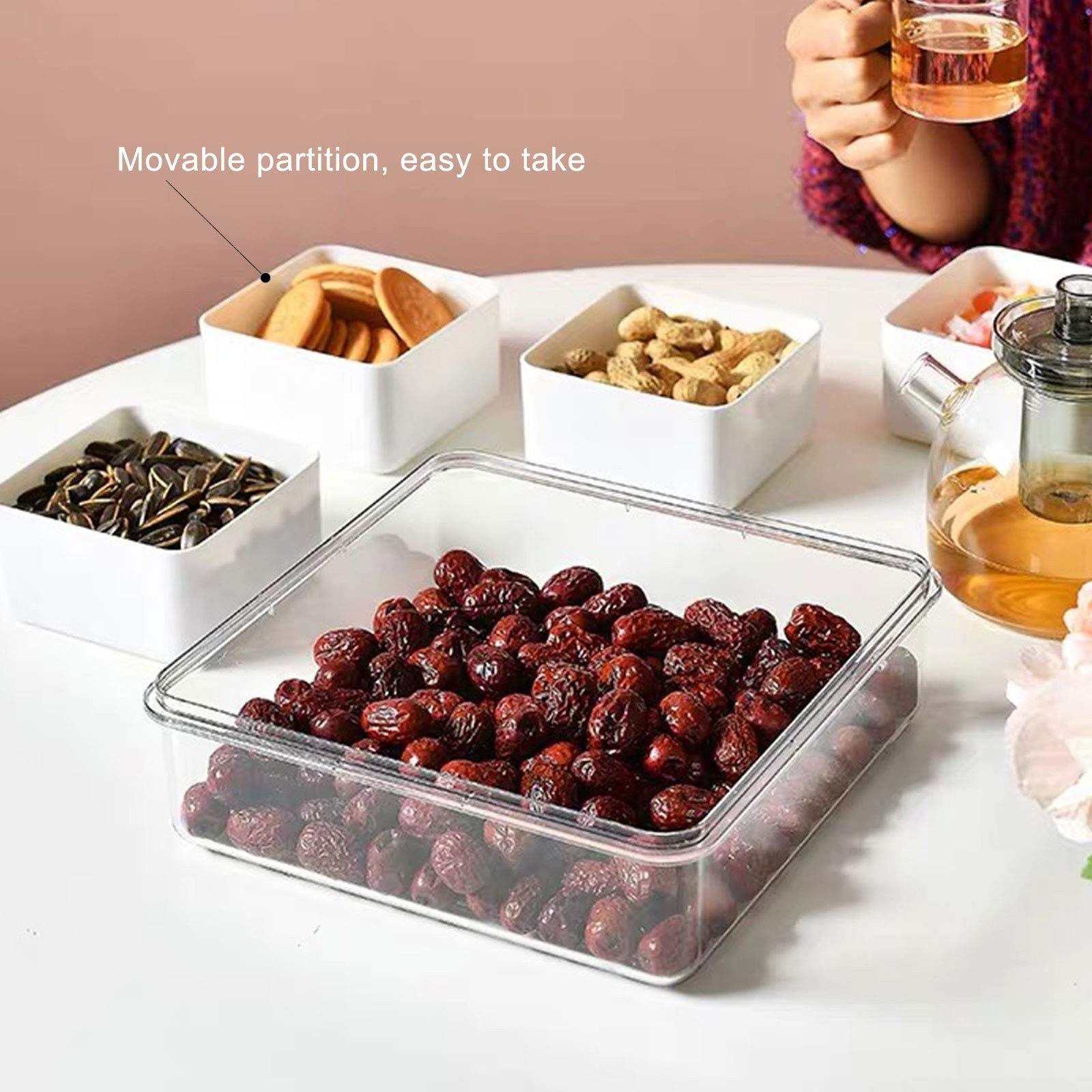 Divided Serving Tray with Lid, Removable Square, White-4 Compartments