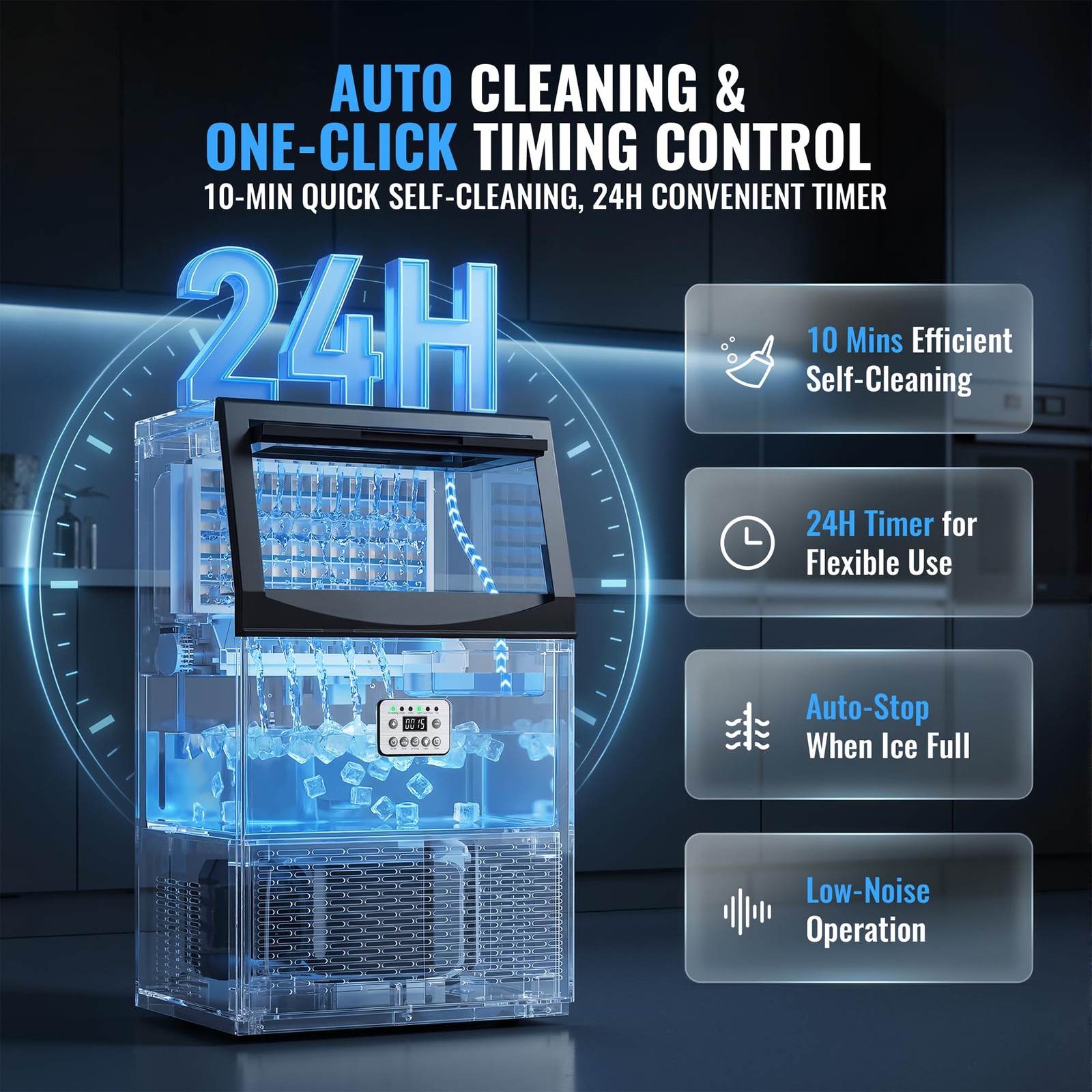 Nanori Commercial Ice Maker Machine 200Lbs/24H 96 Ice Cubes 33Lbs Ice Storage