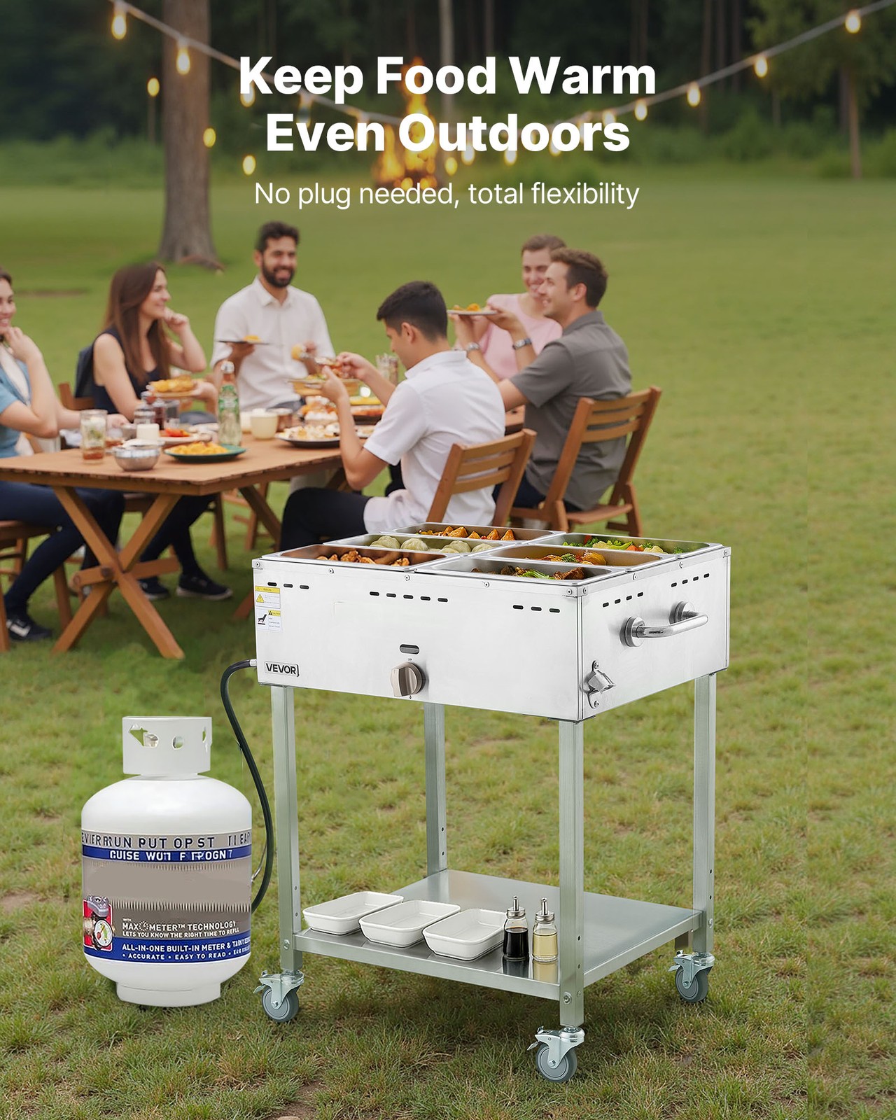 VEVOR Commercial Propane Steam Table 6-Pan Outdoor Food Warmer Stainless Steel
