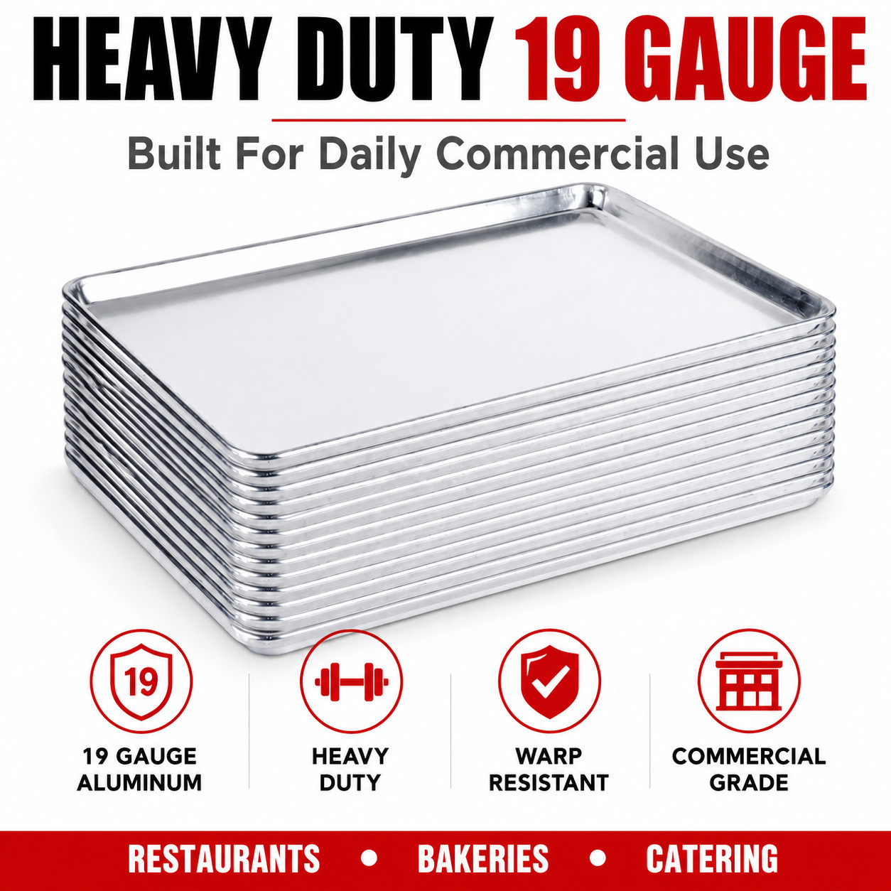 12 Pack Full Size Aluminum Sheet Pans 18×26 19 Gauge Bun Pans Commercial