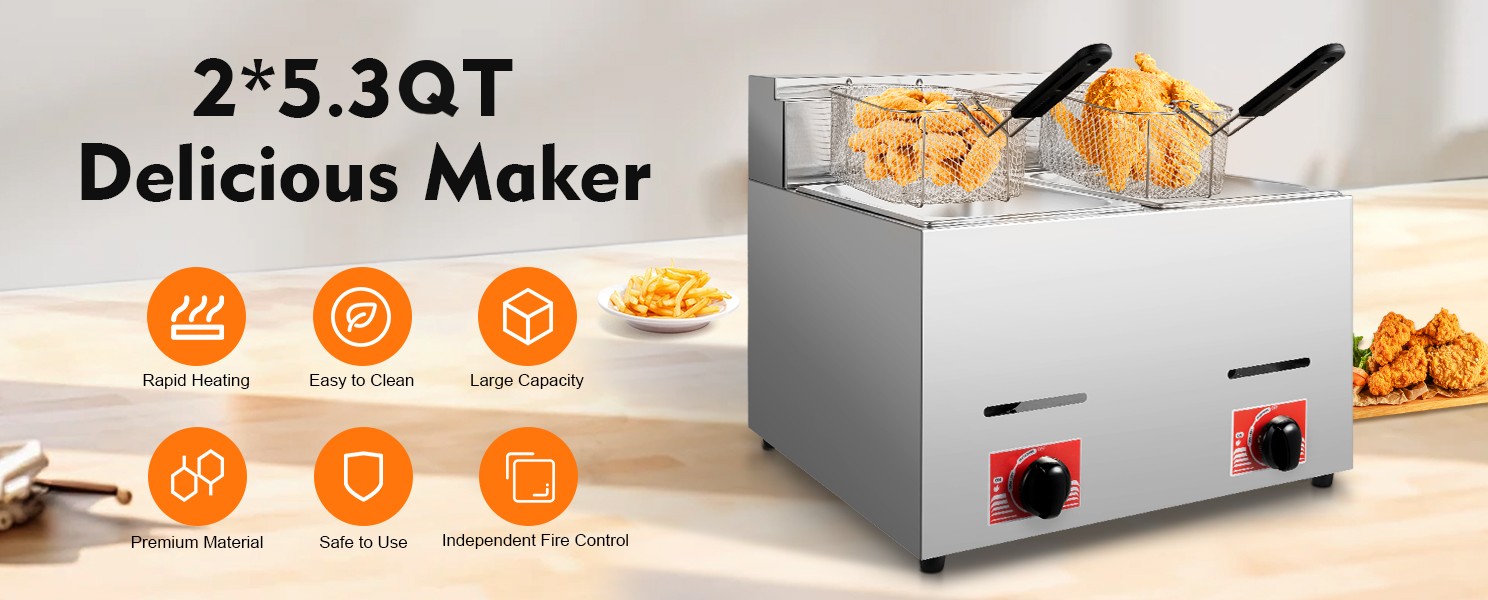 Countertop Gas Fryer w/ 2 Frying Baskets LPG Liquefied Gas Deep Fryer USA