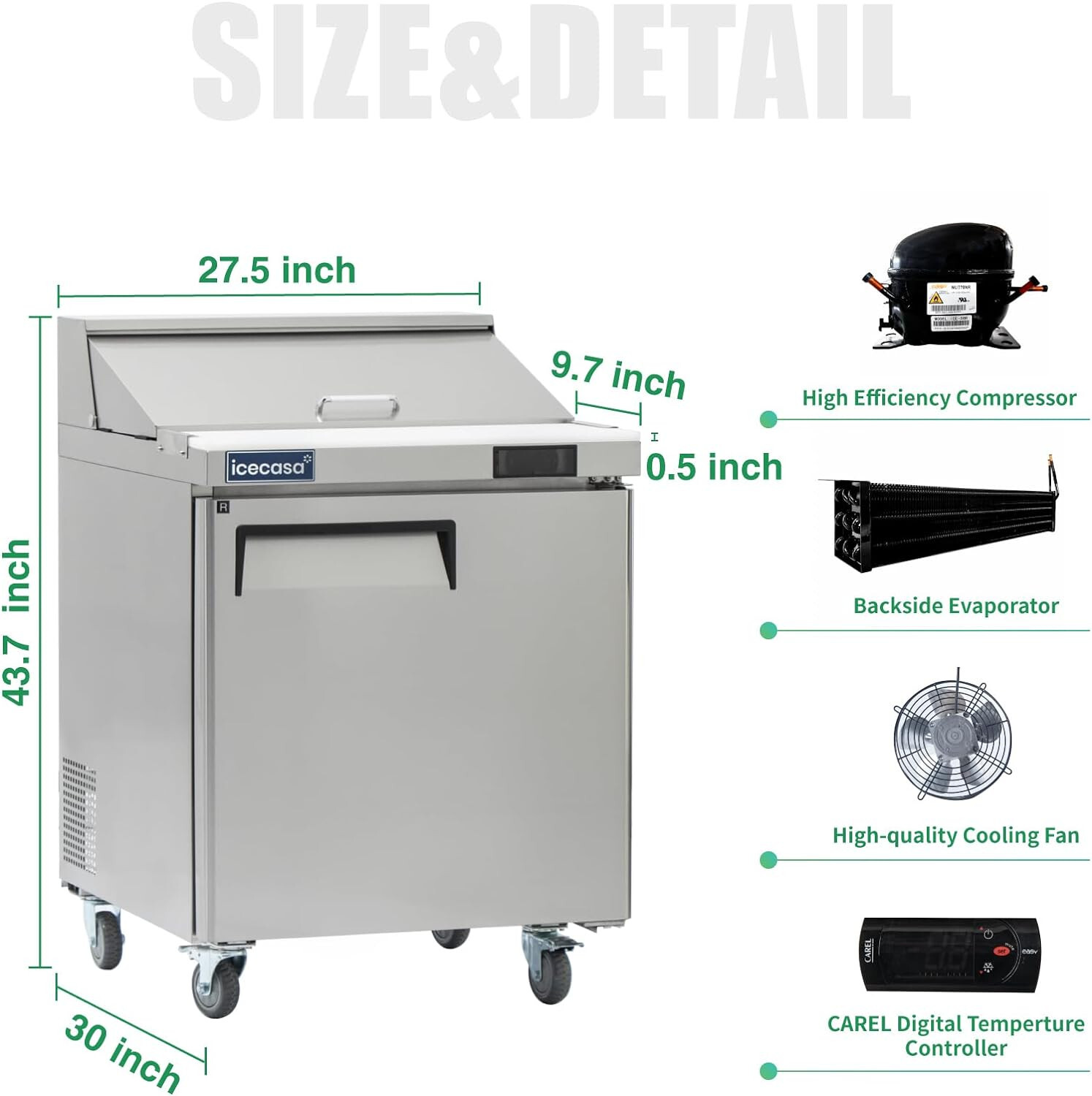 27″ Sandwich Prep Table Fridge, ICECASA 1 Door Food Bain Marie Cooler, 8 Pans
