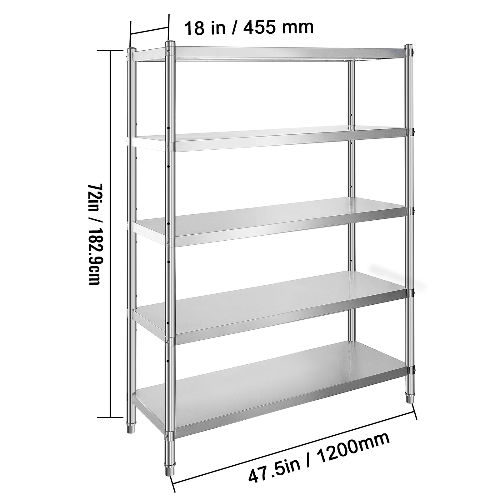 5-Tier Kitchen Shelves Shelf Rack Stainless Steel Shelving Organizer 47.5×18 in