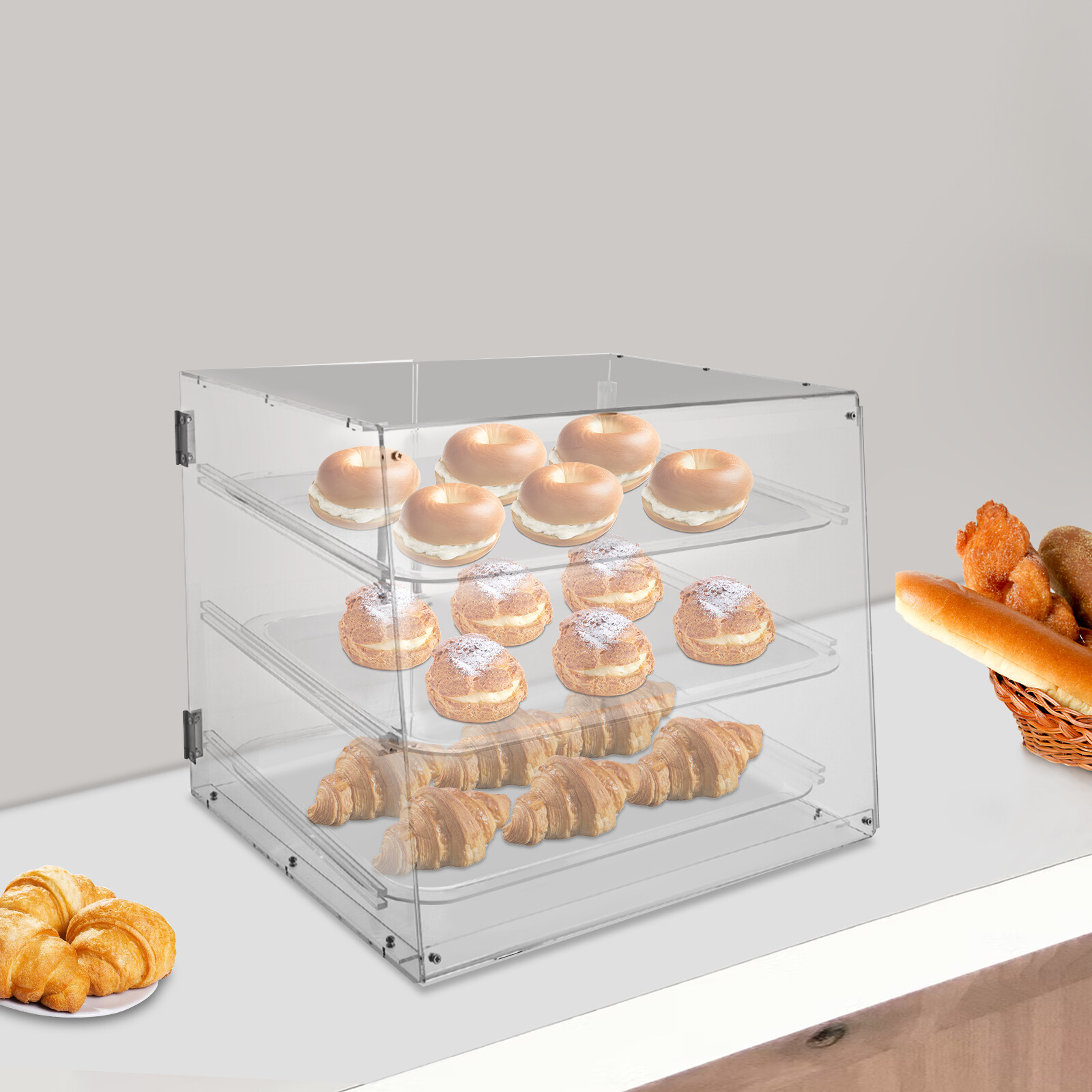 Acrylic Bakery Display Case 3-Tier Countertop Donut Pastry Case Rear Door NEW