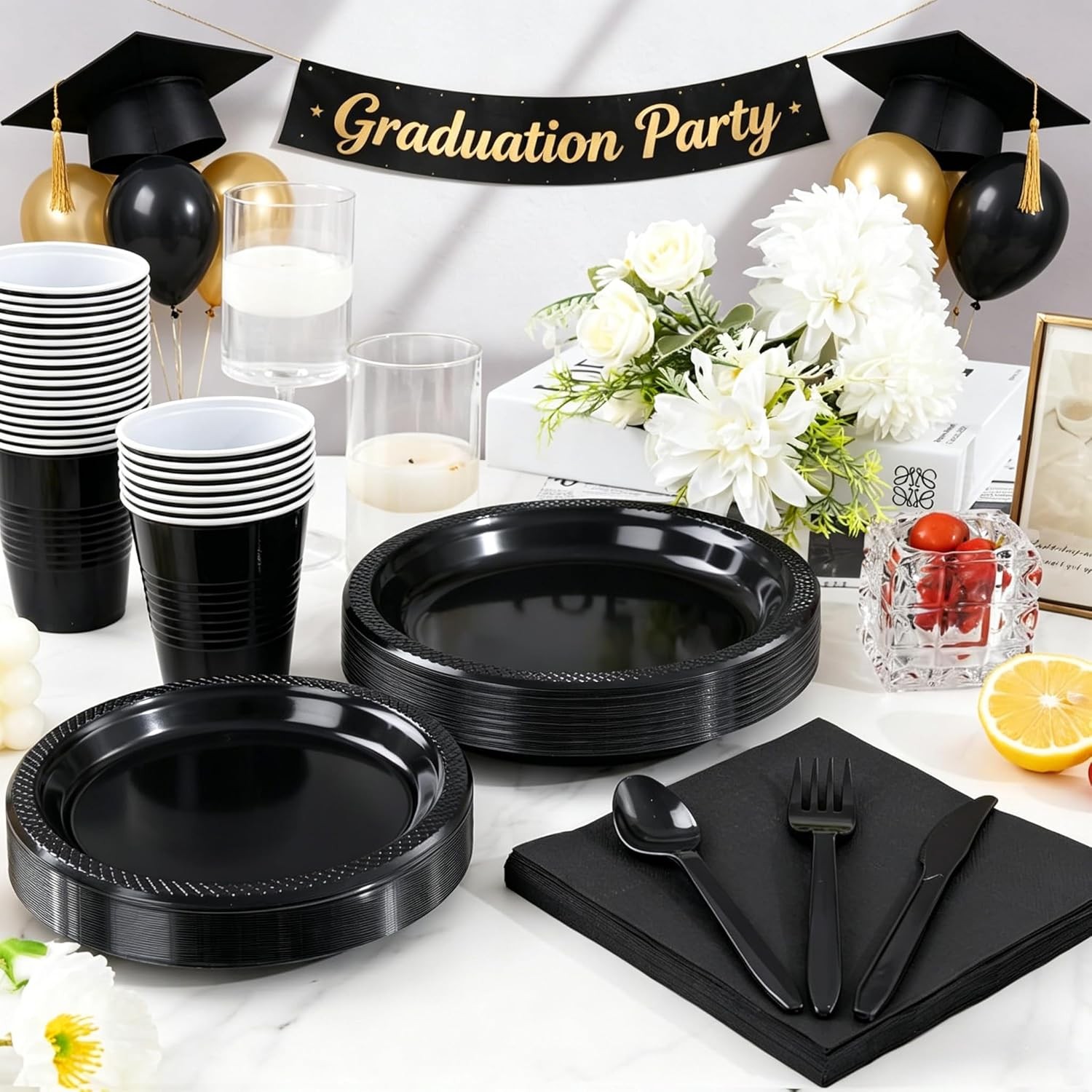 210 PCS Black Plastic Plates for 30 Guests – Disposable Dinnerware Set Including