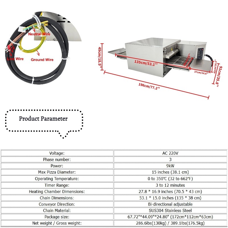 220V 9kW Conveyor Pizza Oven Commercial Baking Electric Oven Max Pizza 15 Inchs