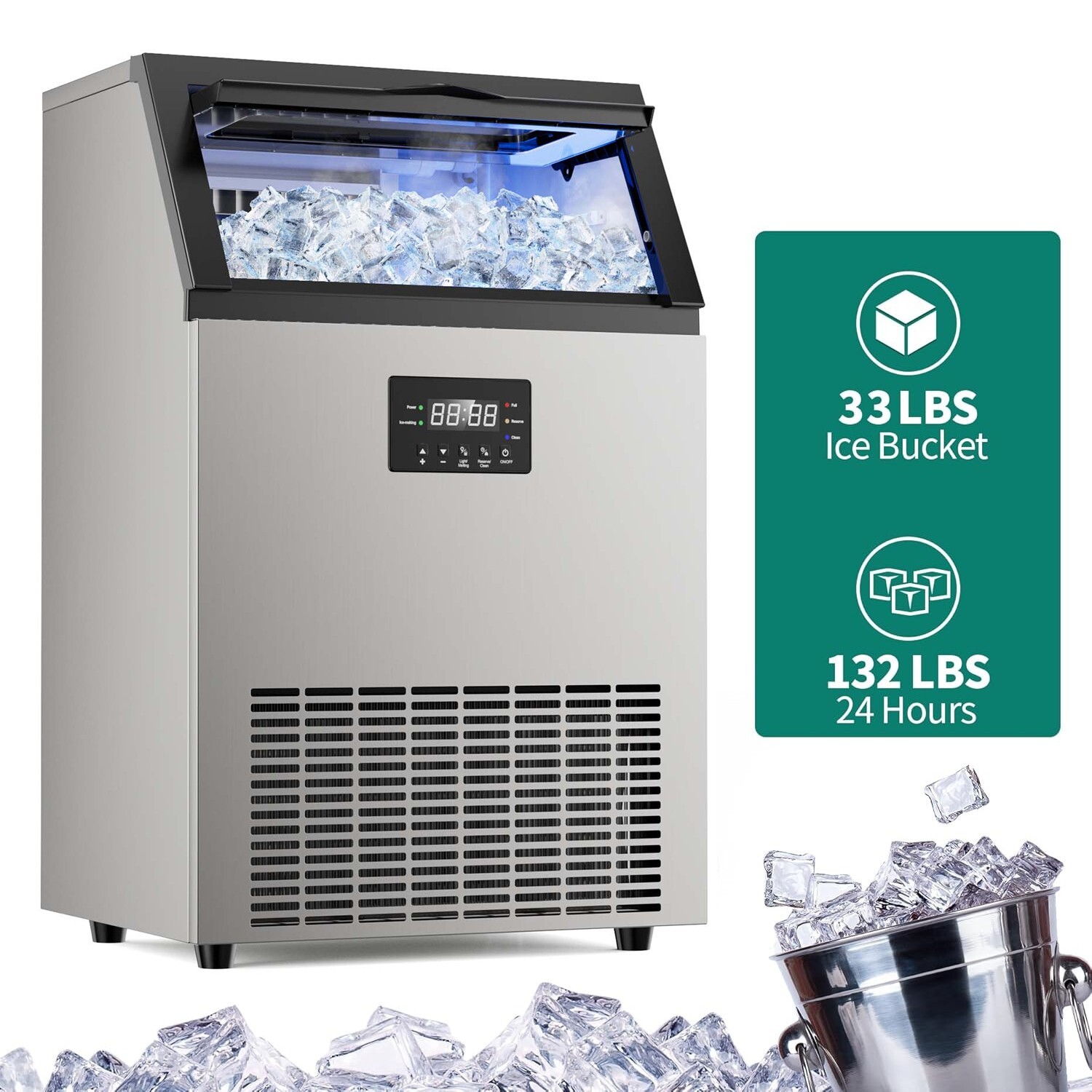 132lb Built-in Commercial Ice Maker S/S Freestanding Ice Cube Machine 45 Cubes