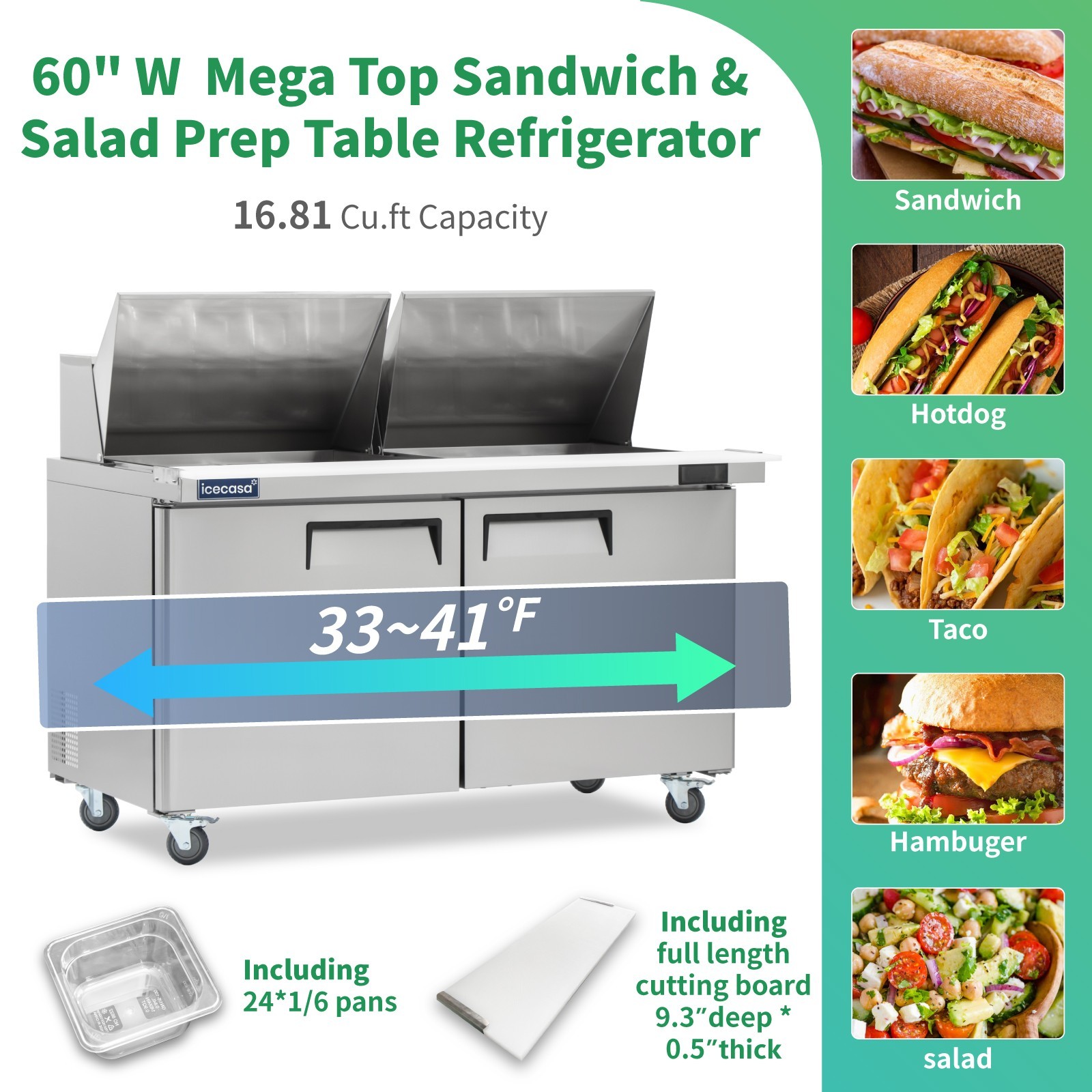 60″ Mega Top Sandwich Prep Table, ICECASA 3 Door Food Bain Marie Cooler, 24 Pans