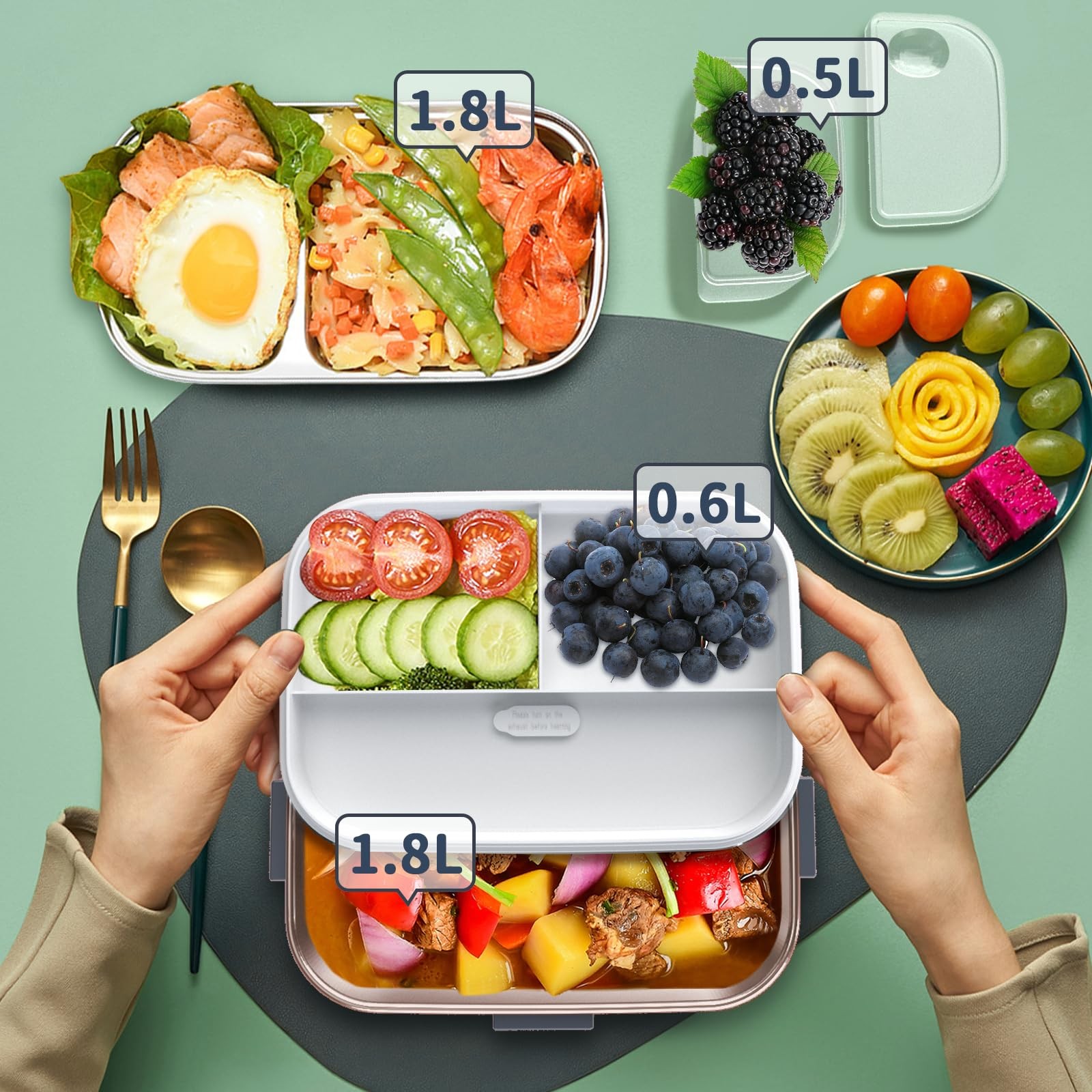 Electric Heated Lunch Box for Adults with 2 Pack 1.8L 2 Container-1.8L, Blue