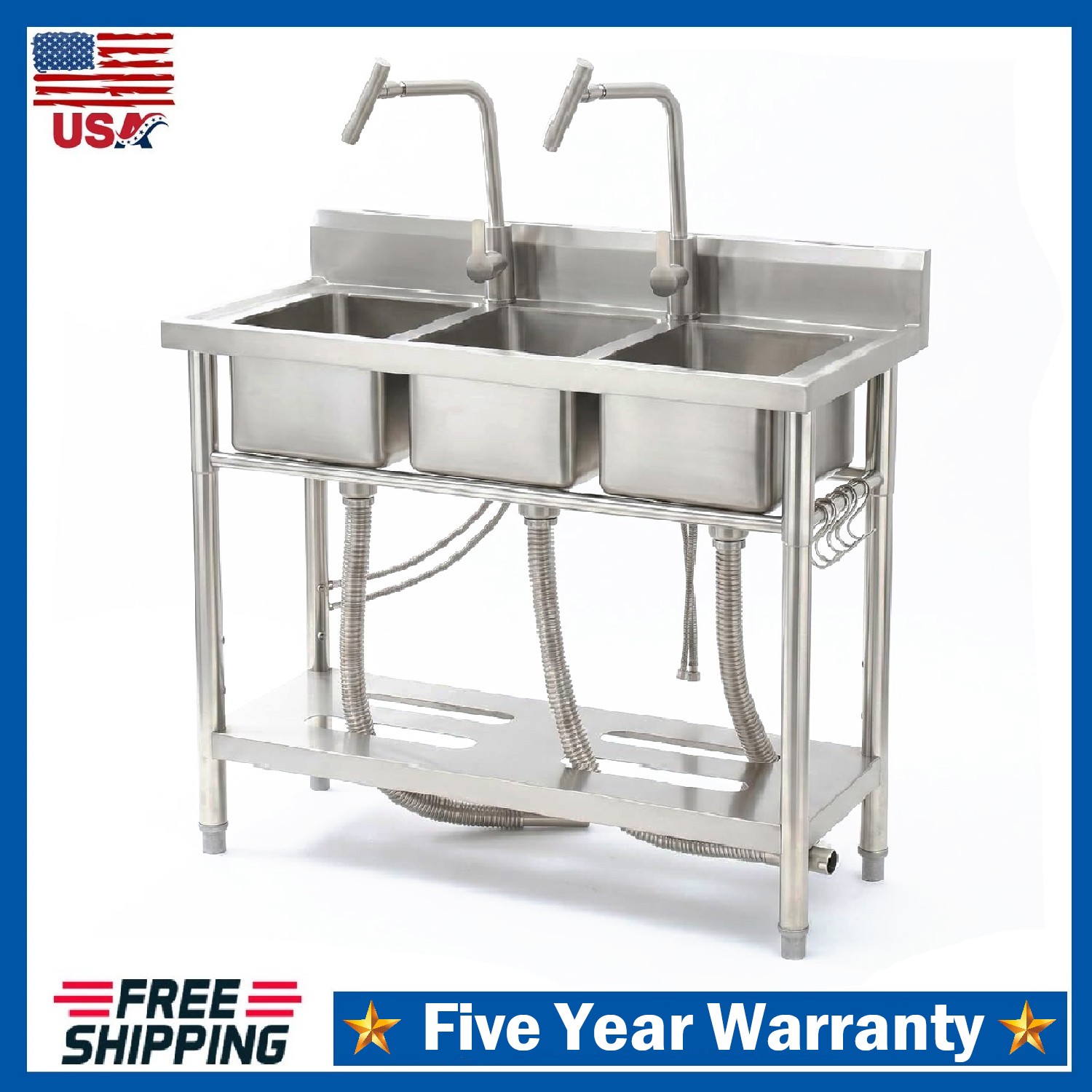 Stainless Steel Kitchen Utility Sink, Freestanding 3-Compartment Sink w/ Faucets