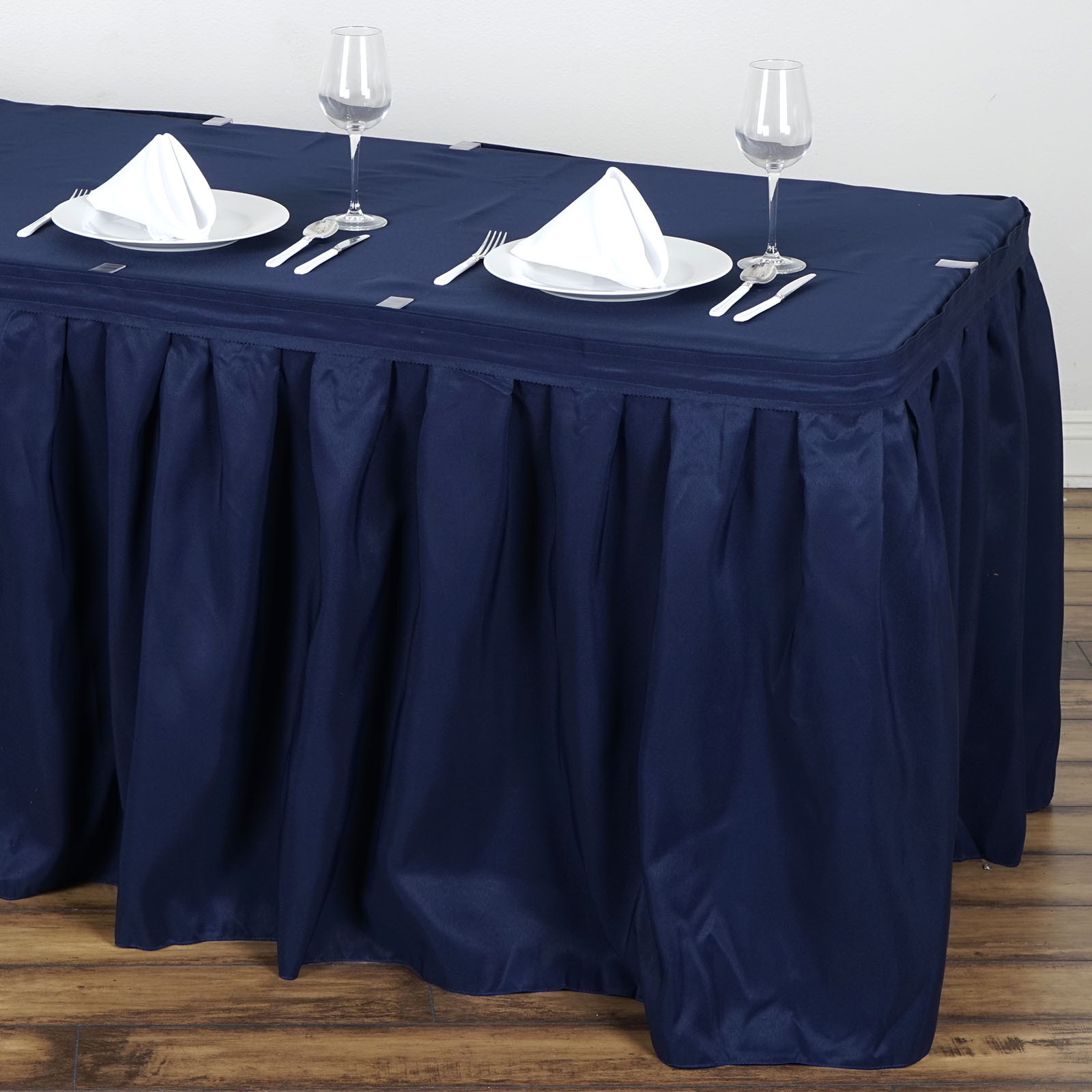 Navy Blue 21 feet PLEATED TABLE SKIRT POLYESTER Fabric Tradeshow Wedding Dinner