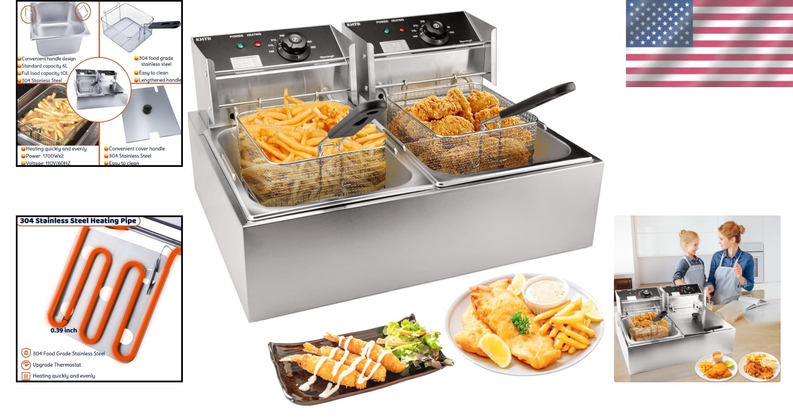 Commercial Countertop Deep Fryer, 3400W Stainless Steel