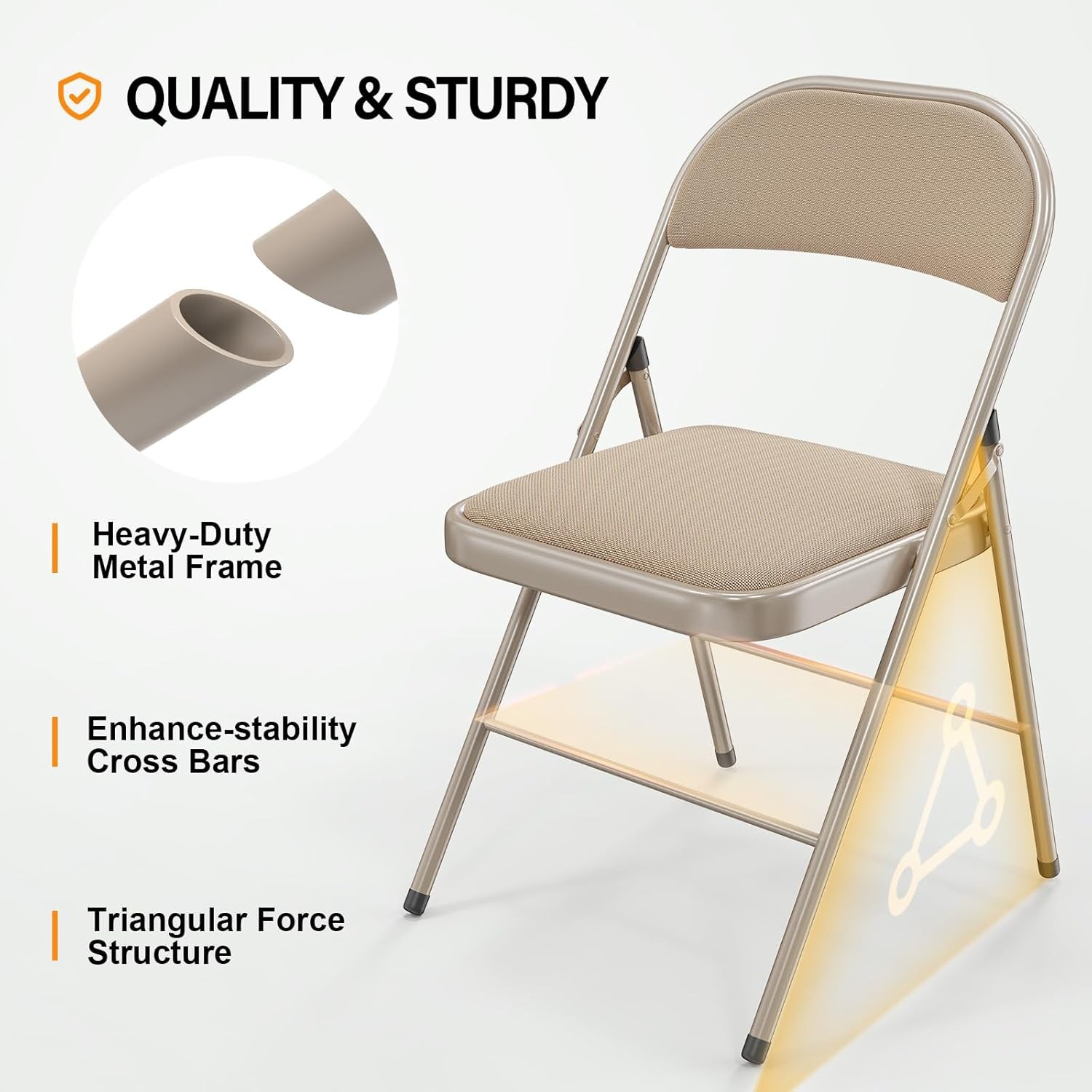 VINGLI 6 Pack Folding Chairs Padded Seats Metal Frame 350 lbs Khaki