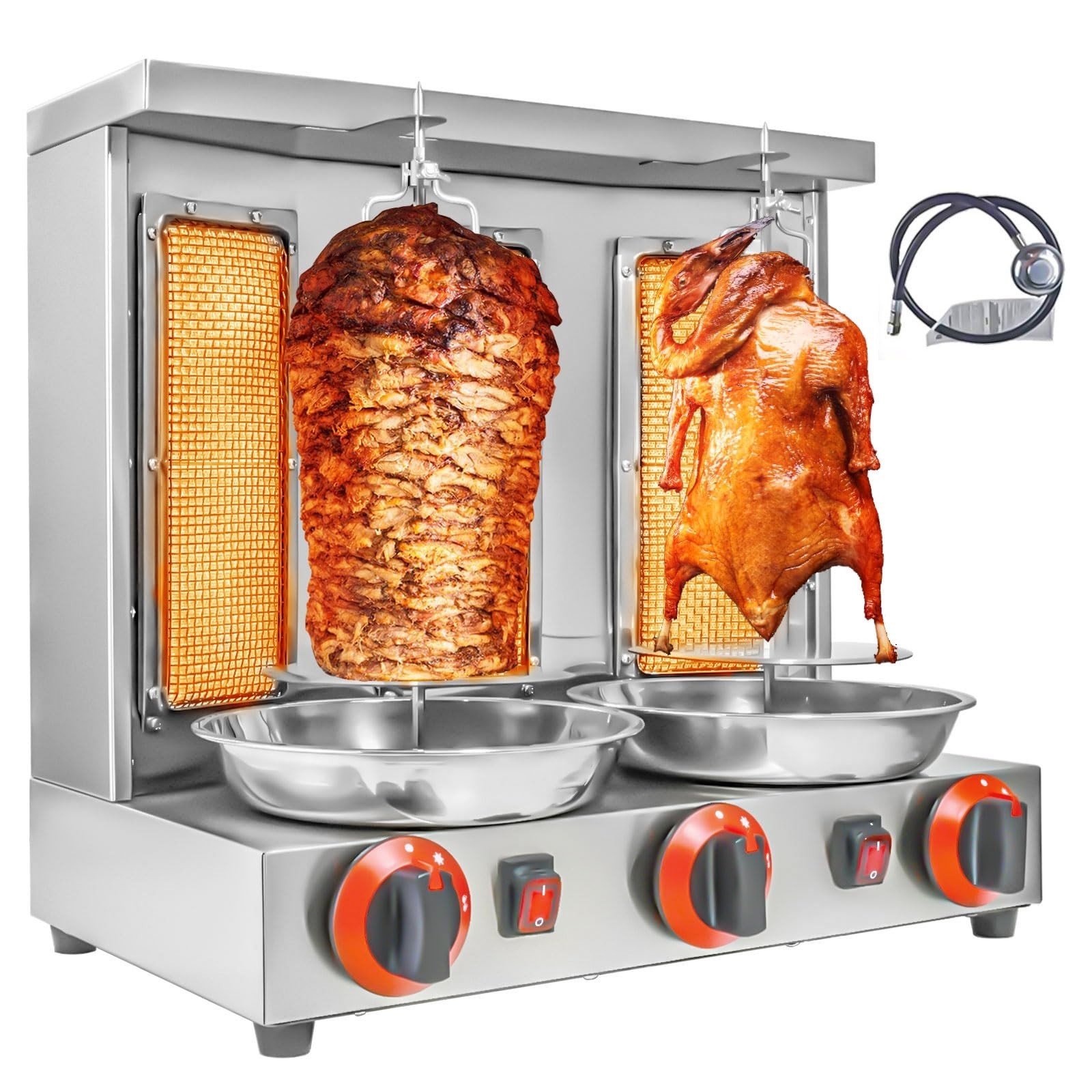 Shawarma Machine 3 Burners Kebab Grill Vertical Rotisserie with 2 Auto Spinni…