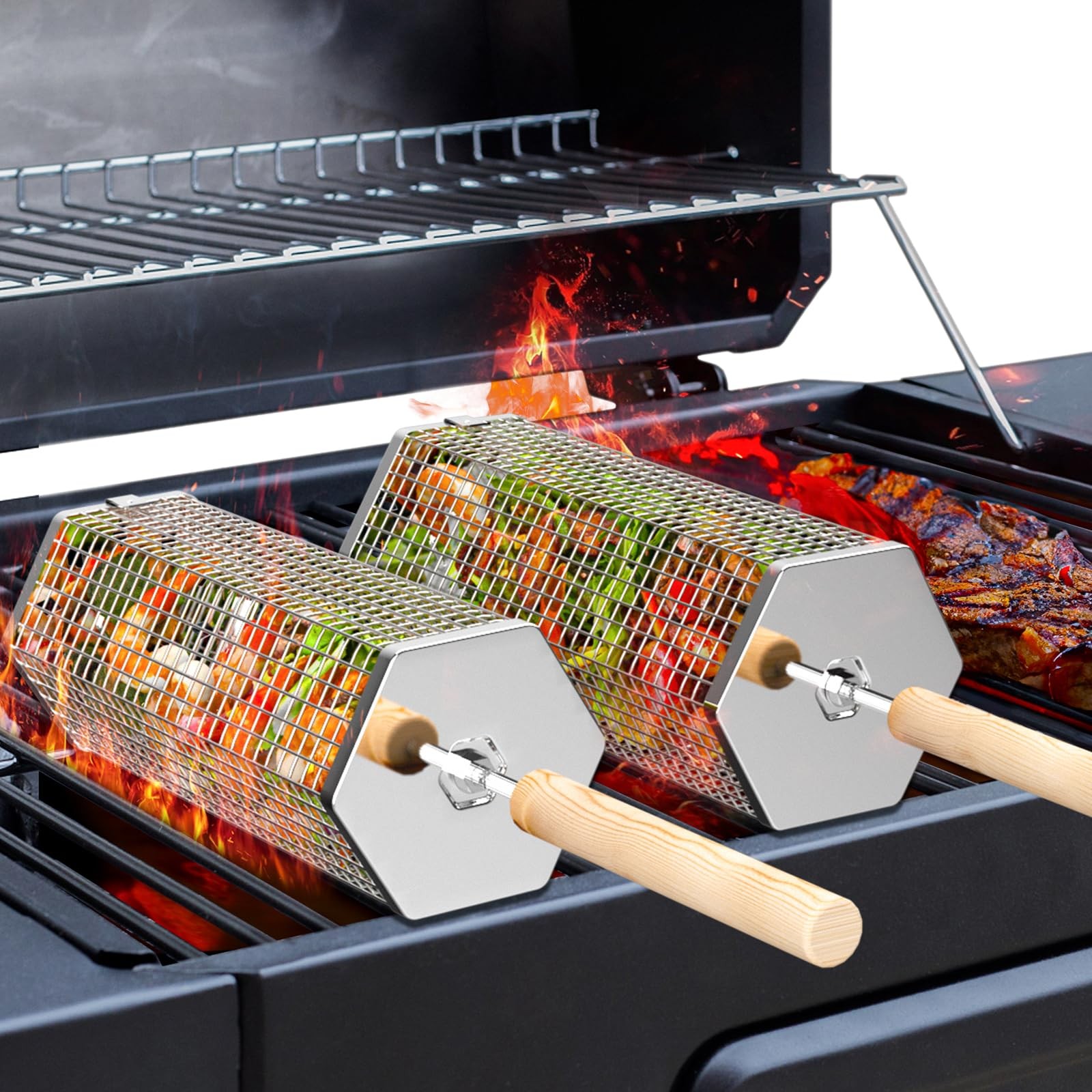 Ivtivfu Rolling Grill Basket Removable Wooden Handle 304 Stainless Steel