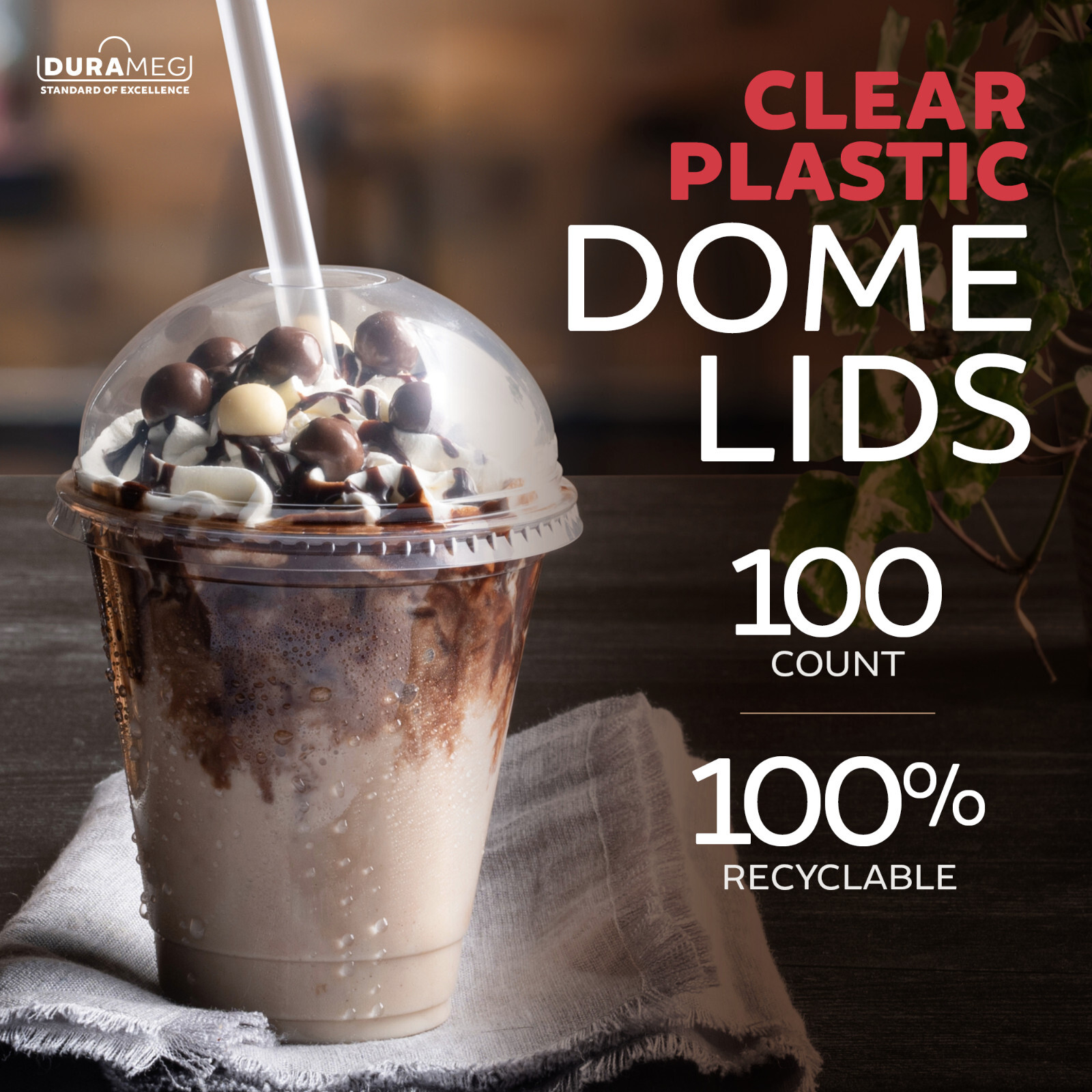 DURAMEG 12oz Clear PET Cups with Dome Lids 100 Pack | Disposable Smoothie Cups