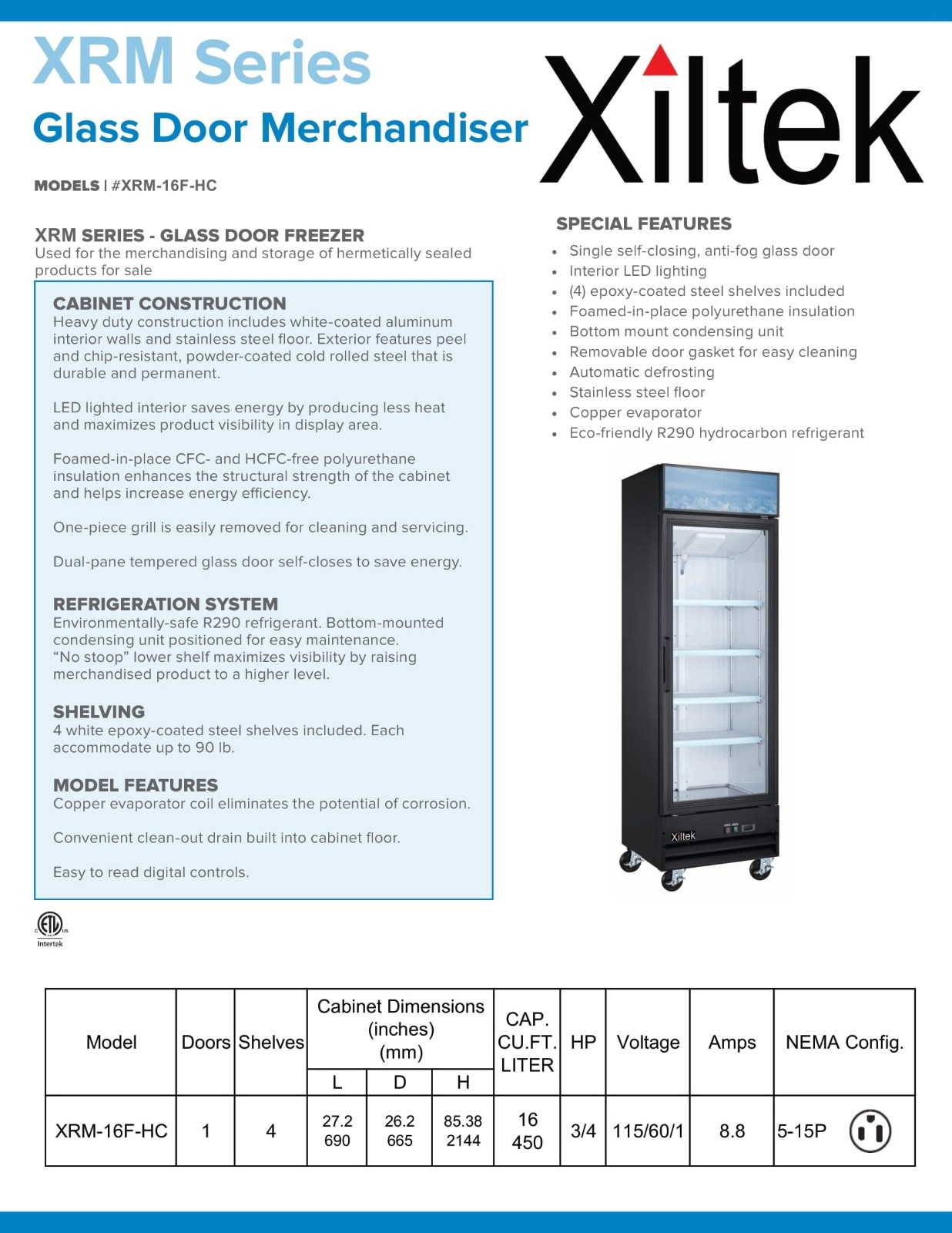 New Xiltek 27″ Swing Glass Door Merchandiser Commercial Freezer – 16 cu. ft.