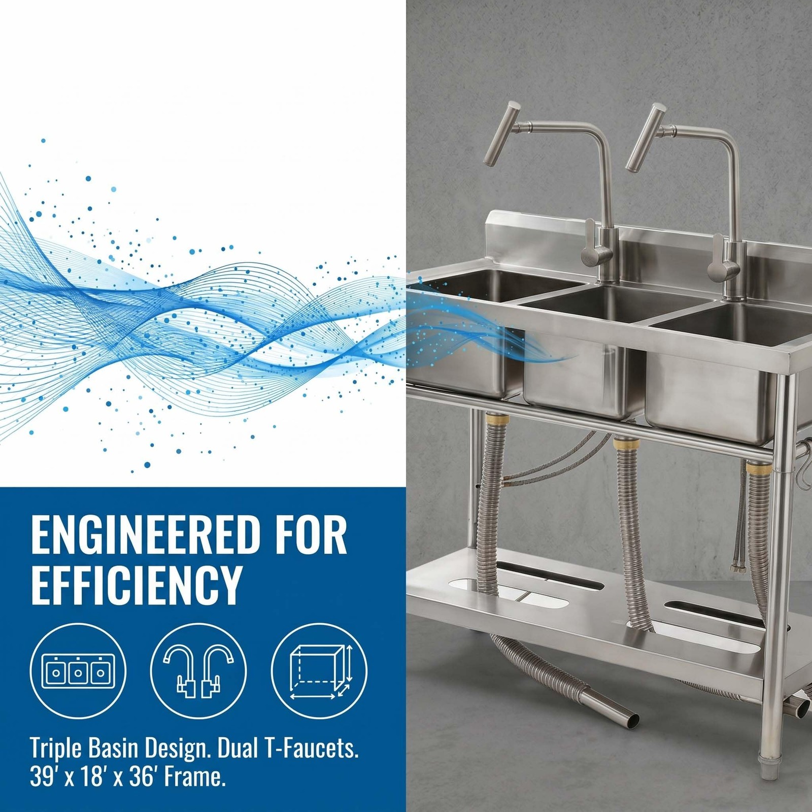 Stainless Steel Kitchen Utility Sink, Freestanding 3-Compartment Sink w/ Faucets