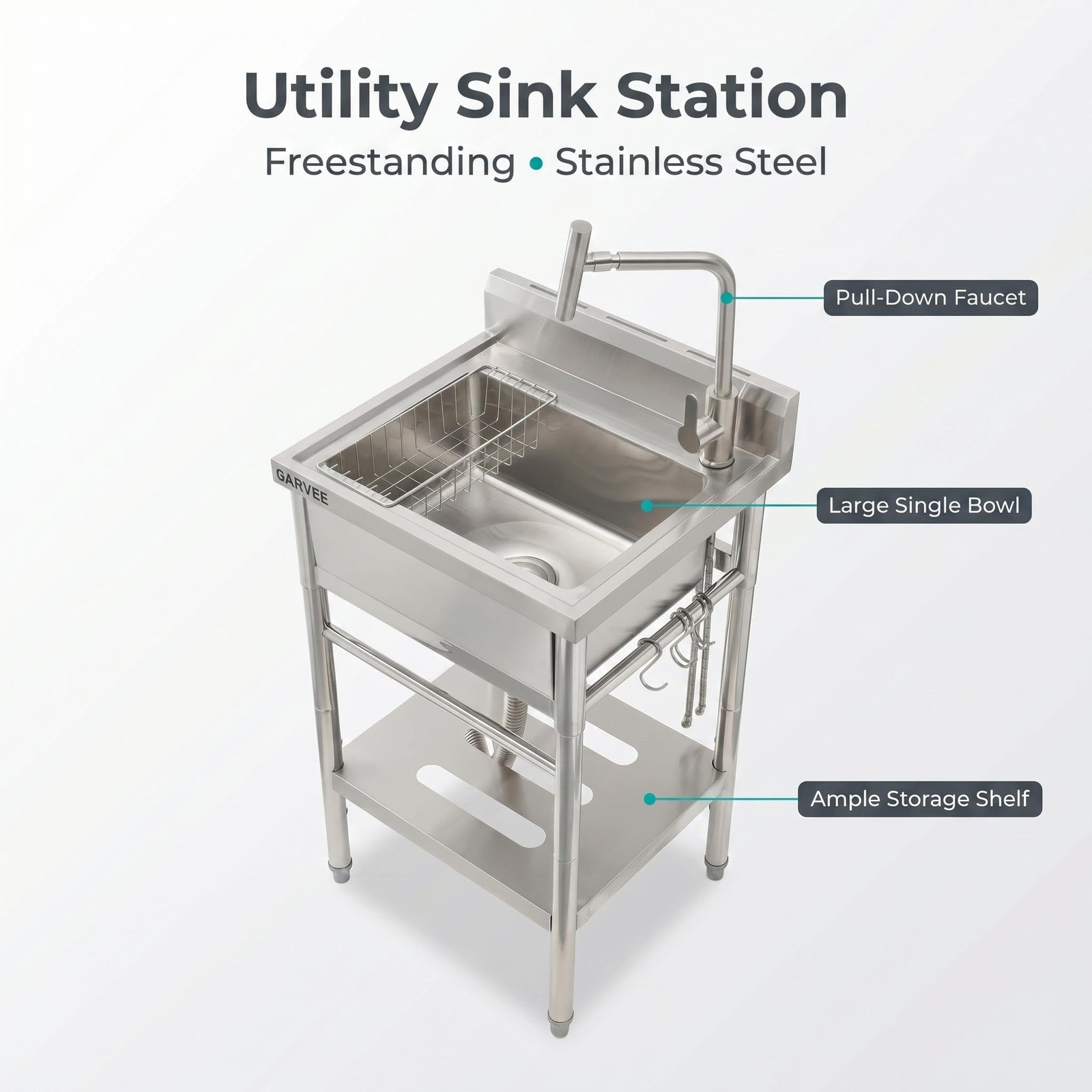 22»x20»x39» Stainless Steel Utility Sink Freestanding Single Bowl w/ Faucet