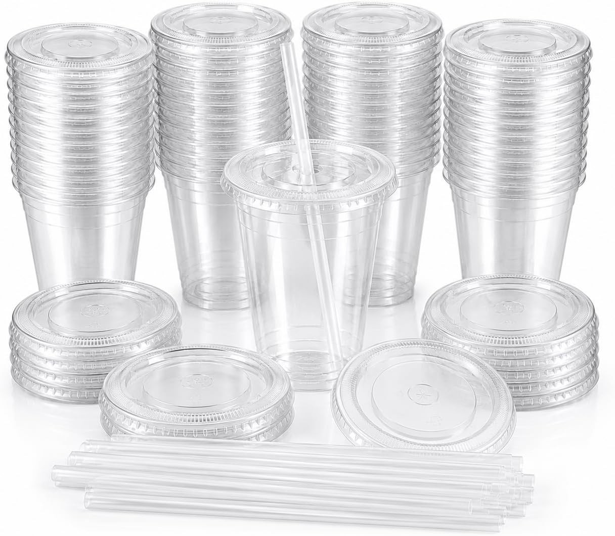 100 Pack Plastic Iced Coffee Cold Cups w/ Lids and Straws, To-Go Disposable