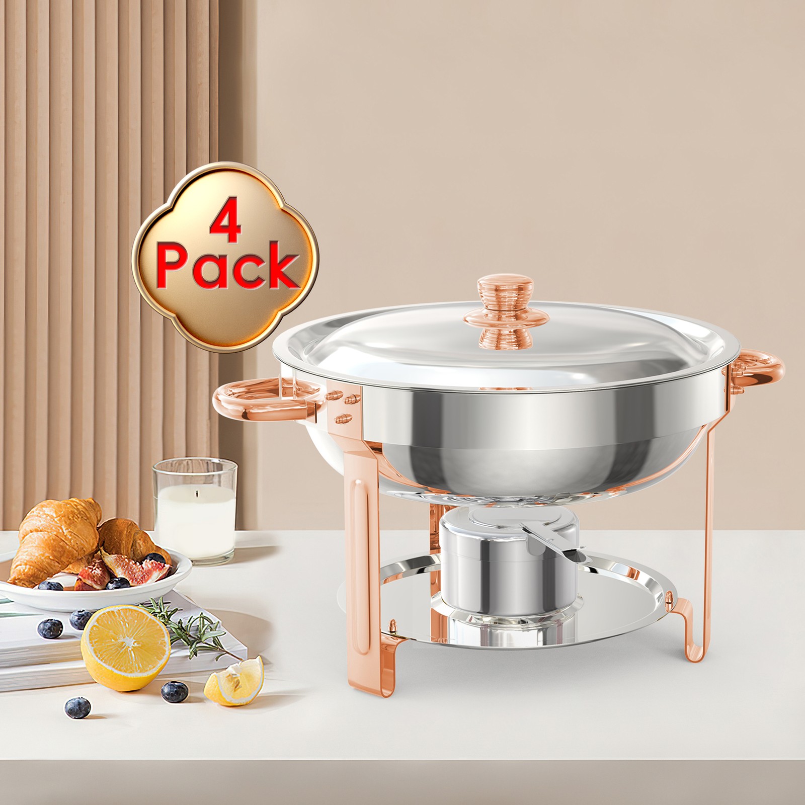 Rose Gold 5QT Chafing Dish Set 4 Pack Stainless Steel Buffet Warmer W/Lid Holder
