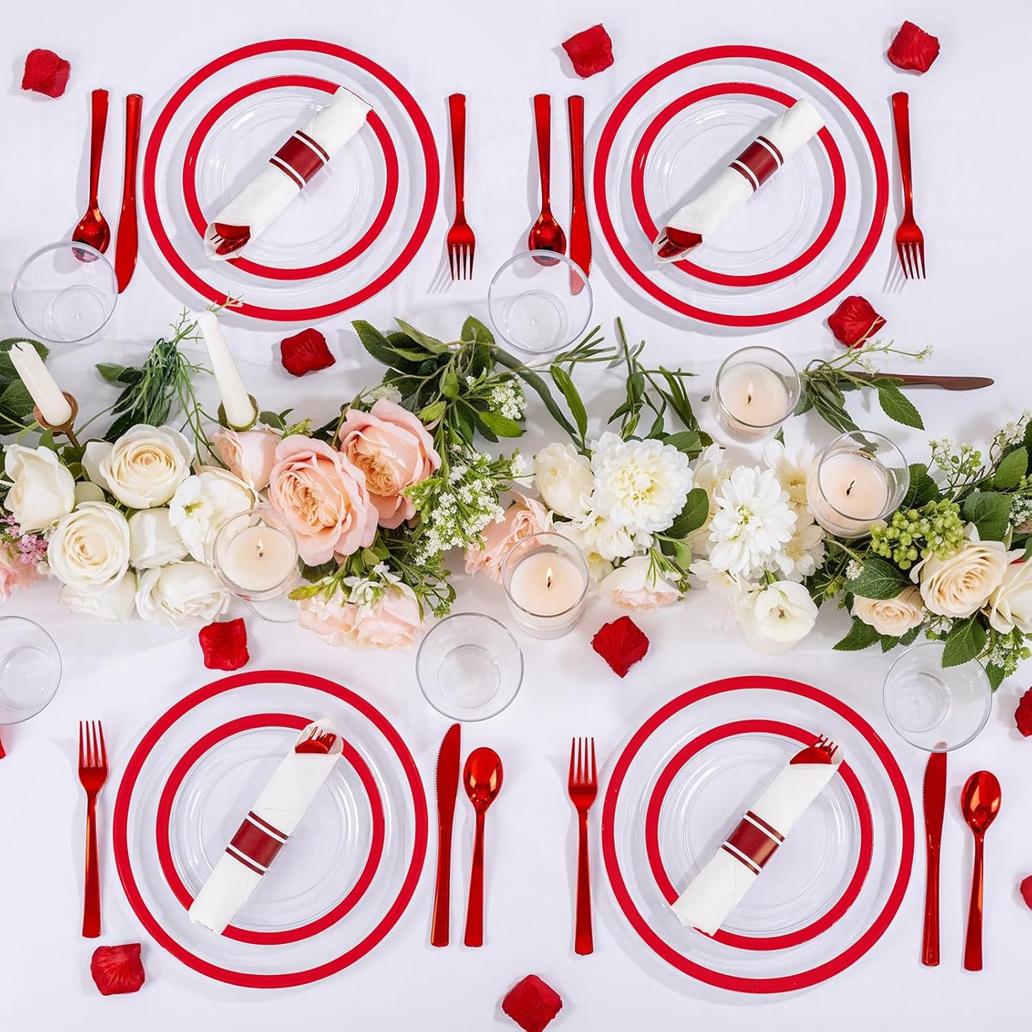 210 Pcs Red Plates Set,Clear and Red Plastic Plate Include 60 Plates,30 Cups,30